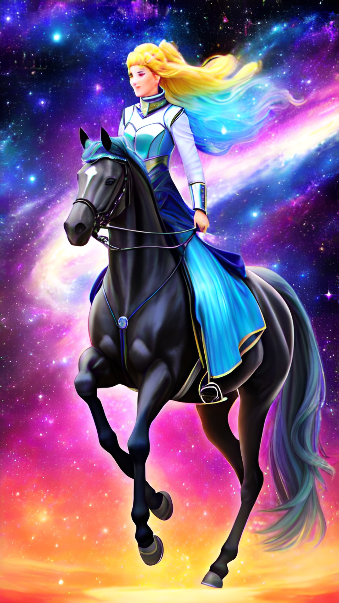 galaxy horse with a space goddess and ridding through the galaxy preview