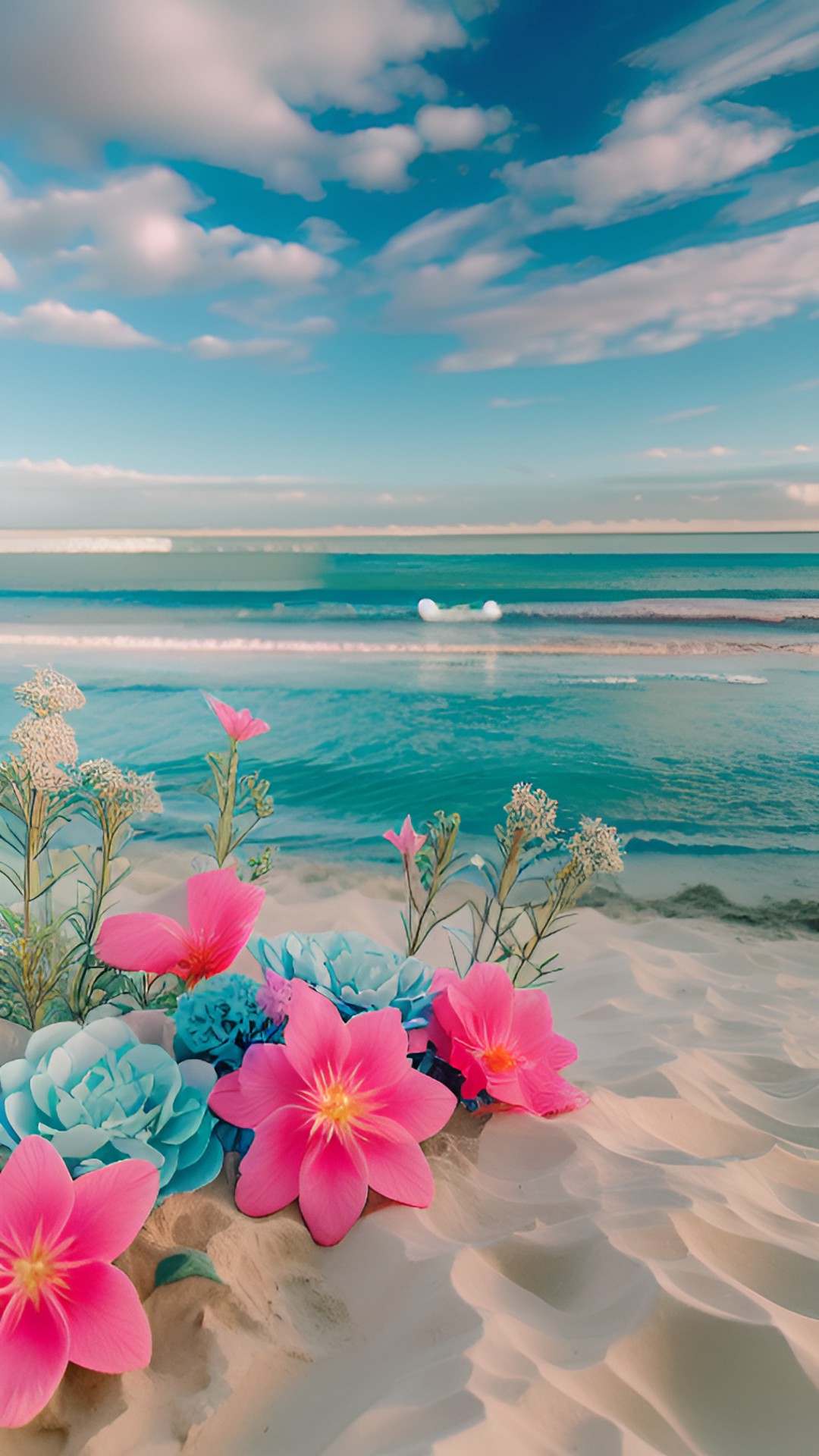 color light pastel blue and pink flowers blooming in the horizon , children playing in the sand preview