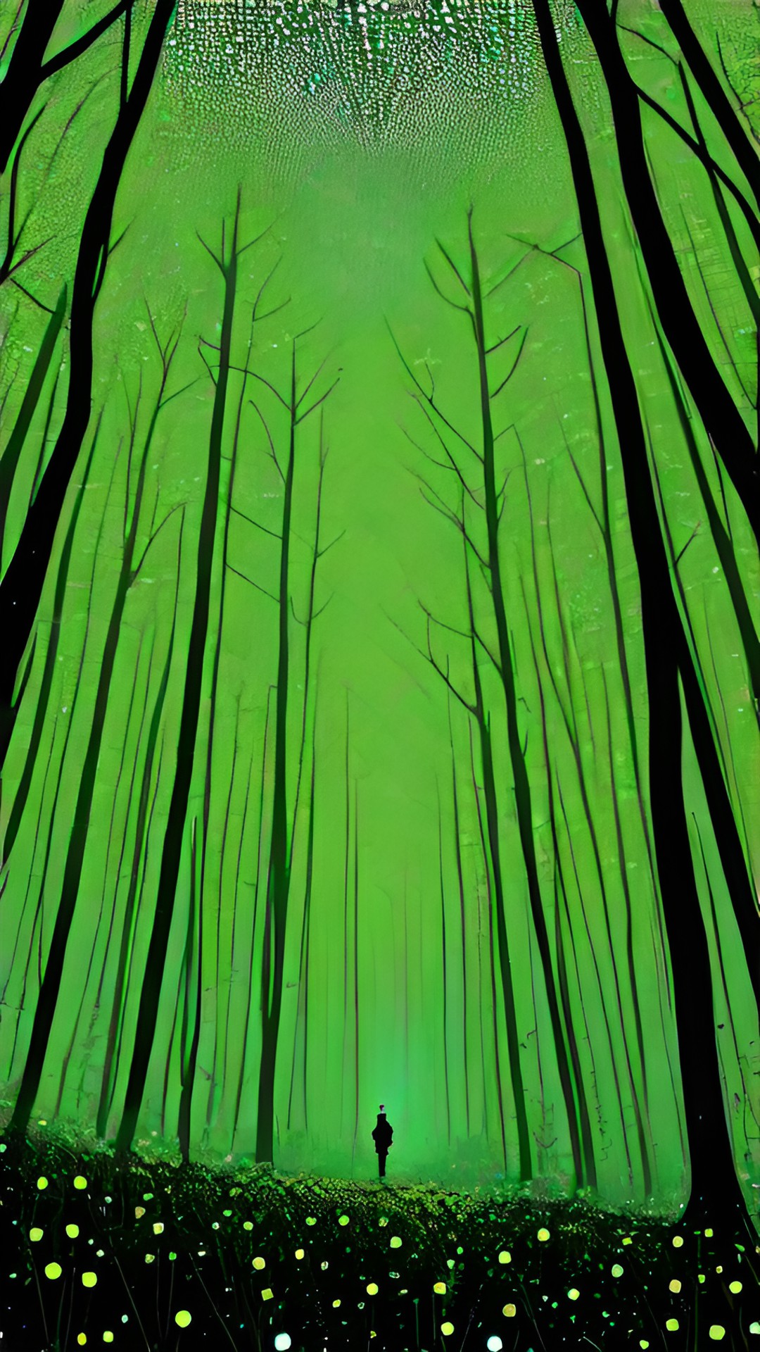 a forest made of dots, neon green eyes, spider, web preview