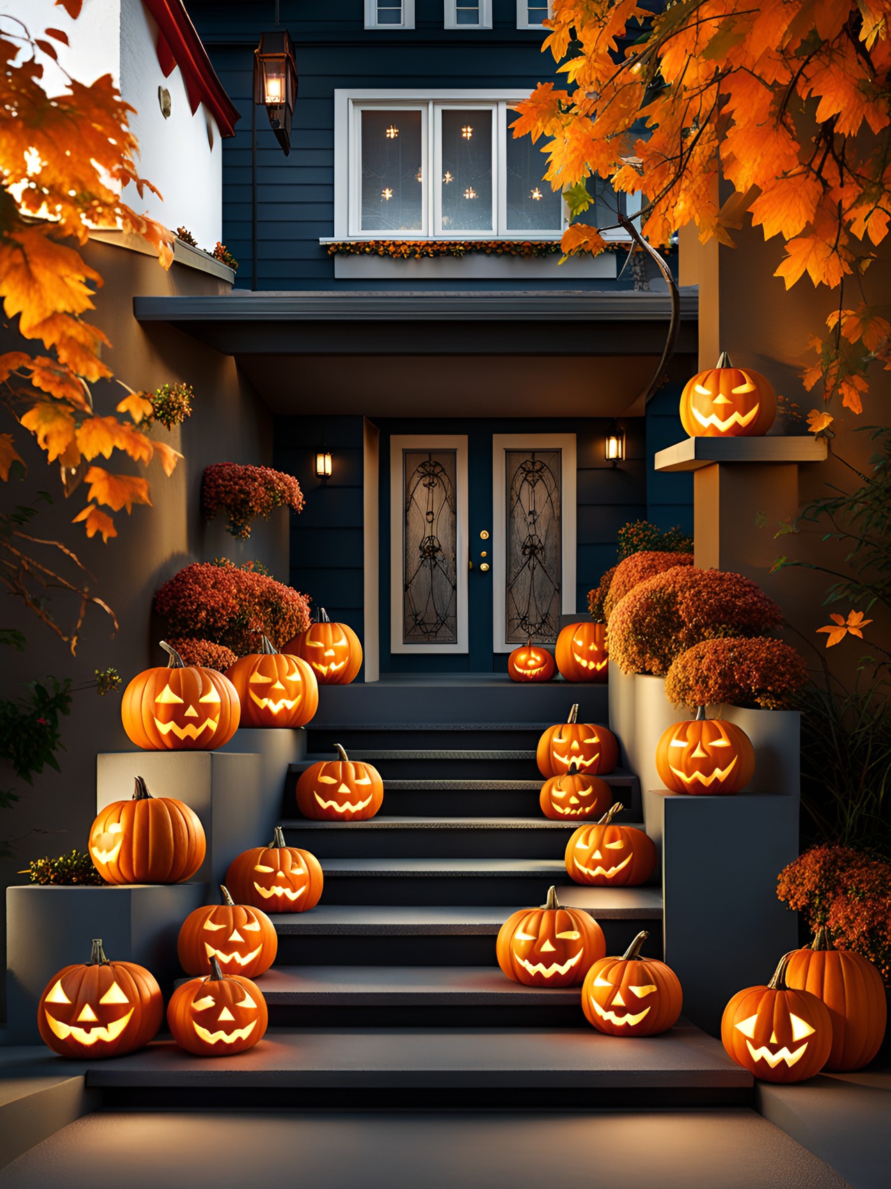 creative halloween pumpkins in front of a decorated house stairs preview