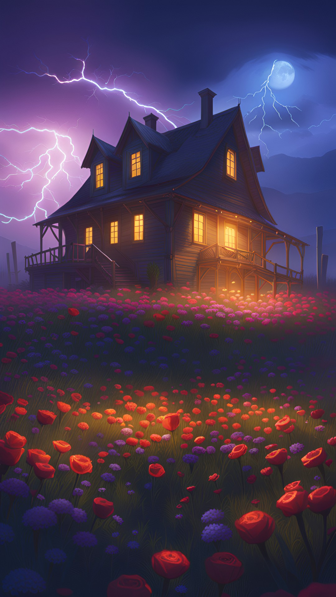 Haunted House Rdx - hdr.lightning.night terror.haunted house.field of flowers.in octane unreal engine. preview