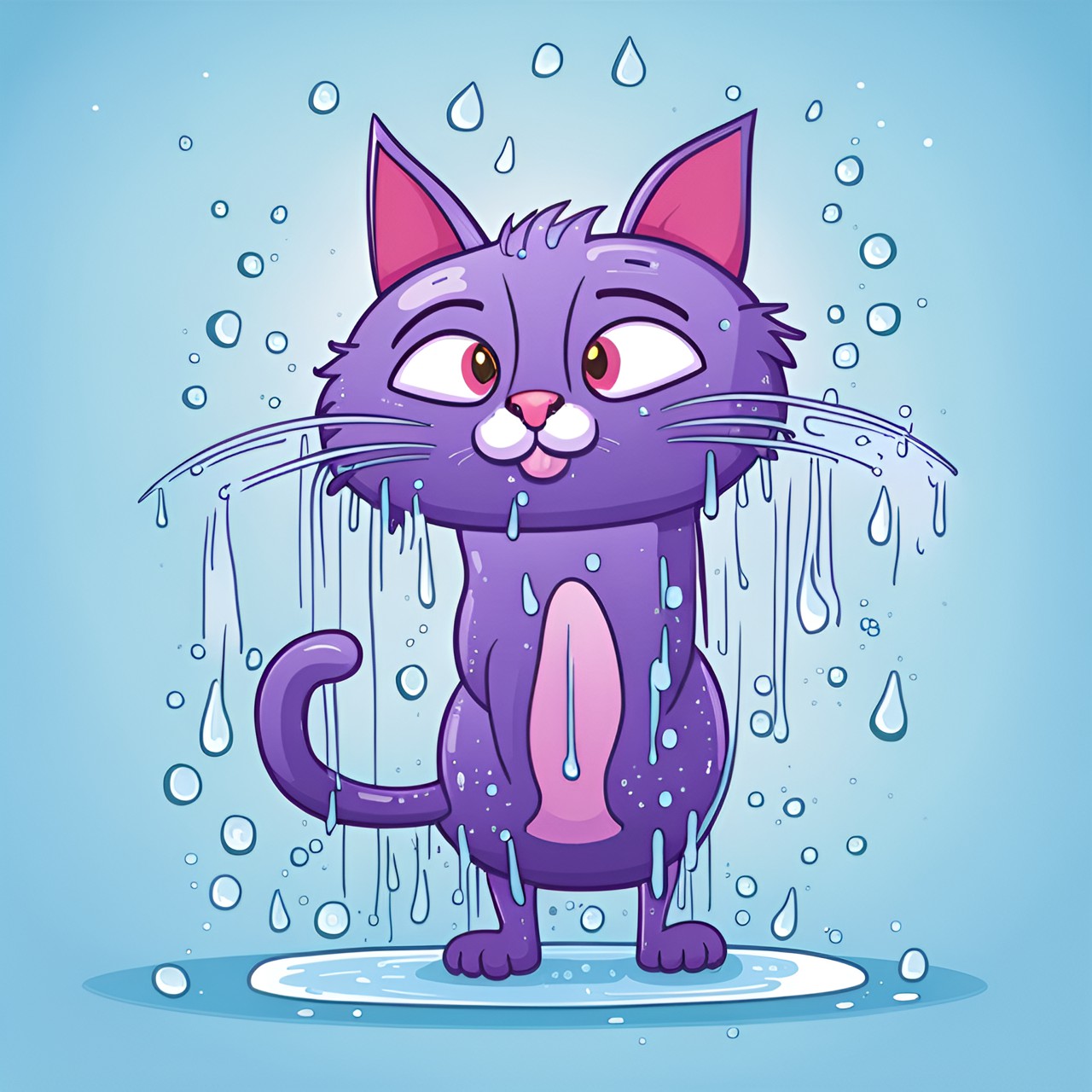 whimsical wet cat making the shower,cartoony style drawing preview