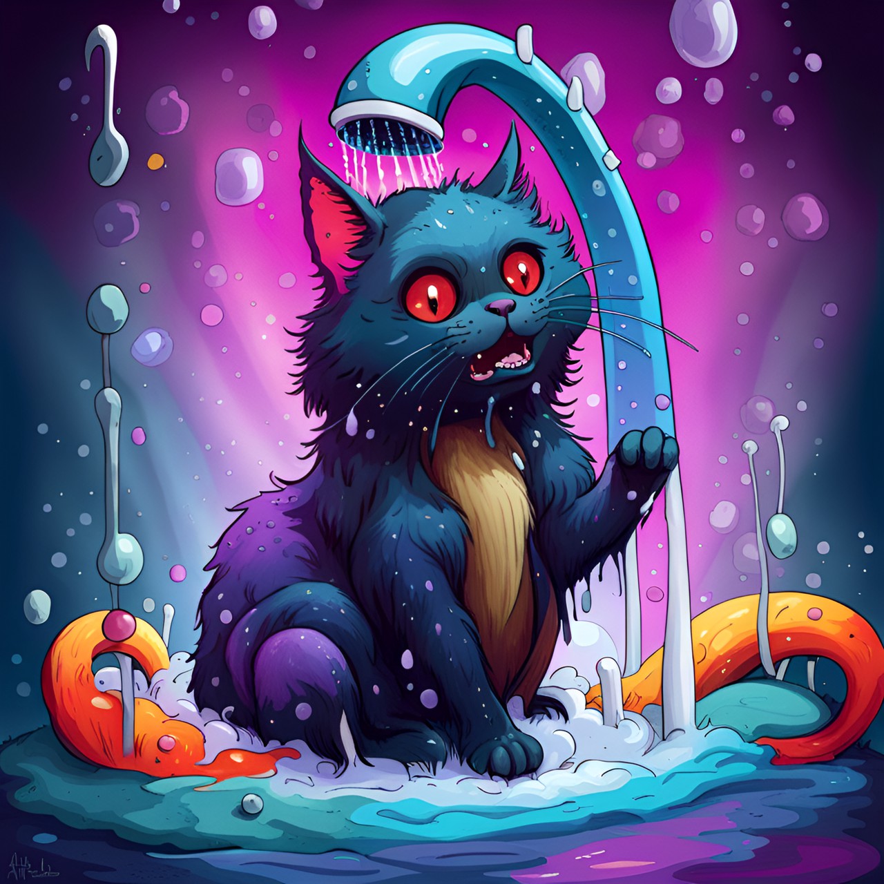 whimsical wet cat making the shower,cartoony style drawing preview