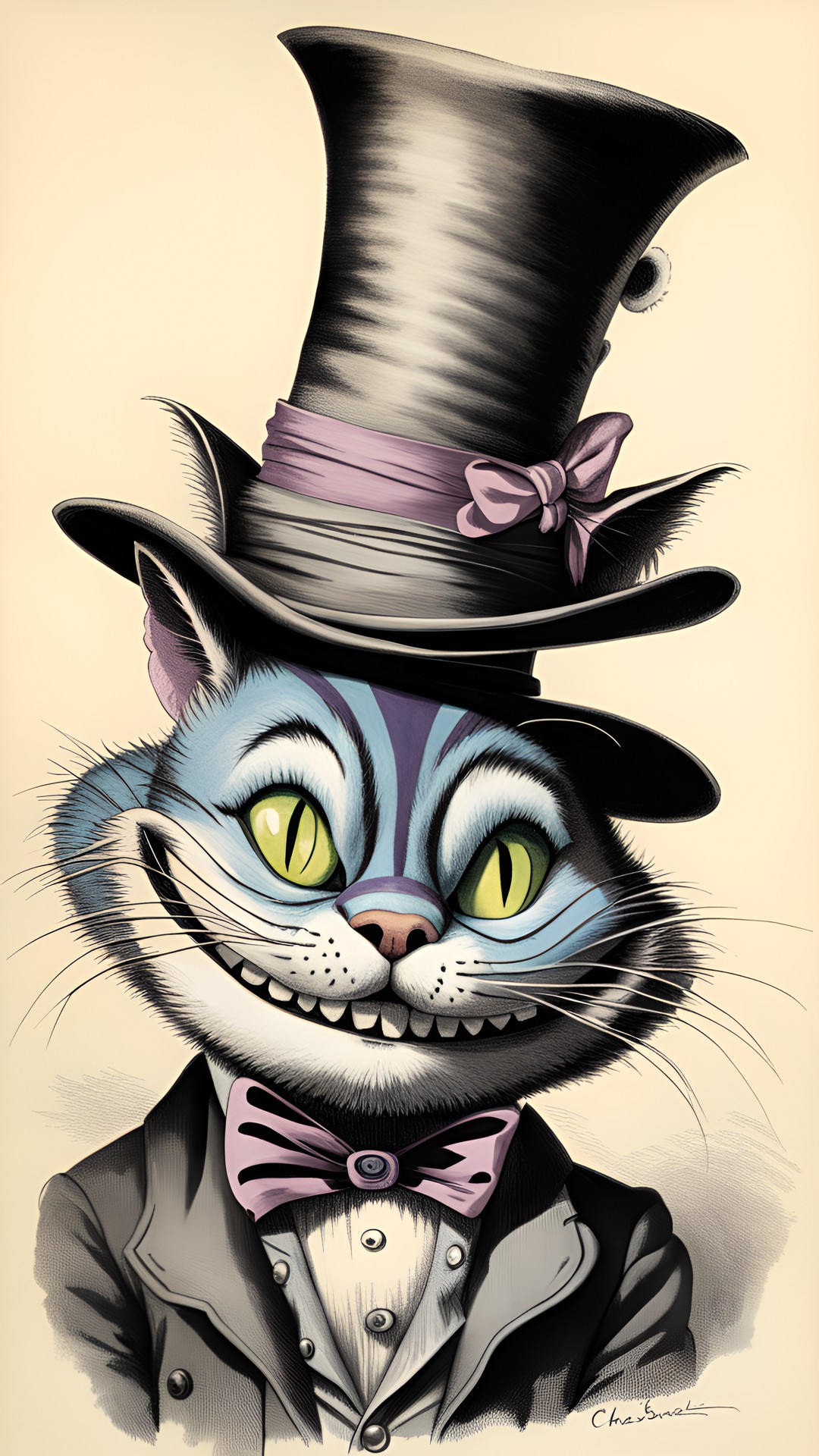 cheshire cat wearing mad hatters hat in the style of john lounsbery, ward kimball preview