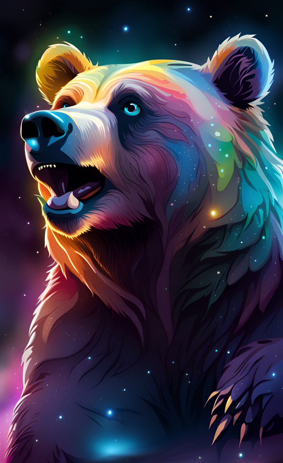 cosmic grizzly bear with auroras, close up grizzly, colorful preview