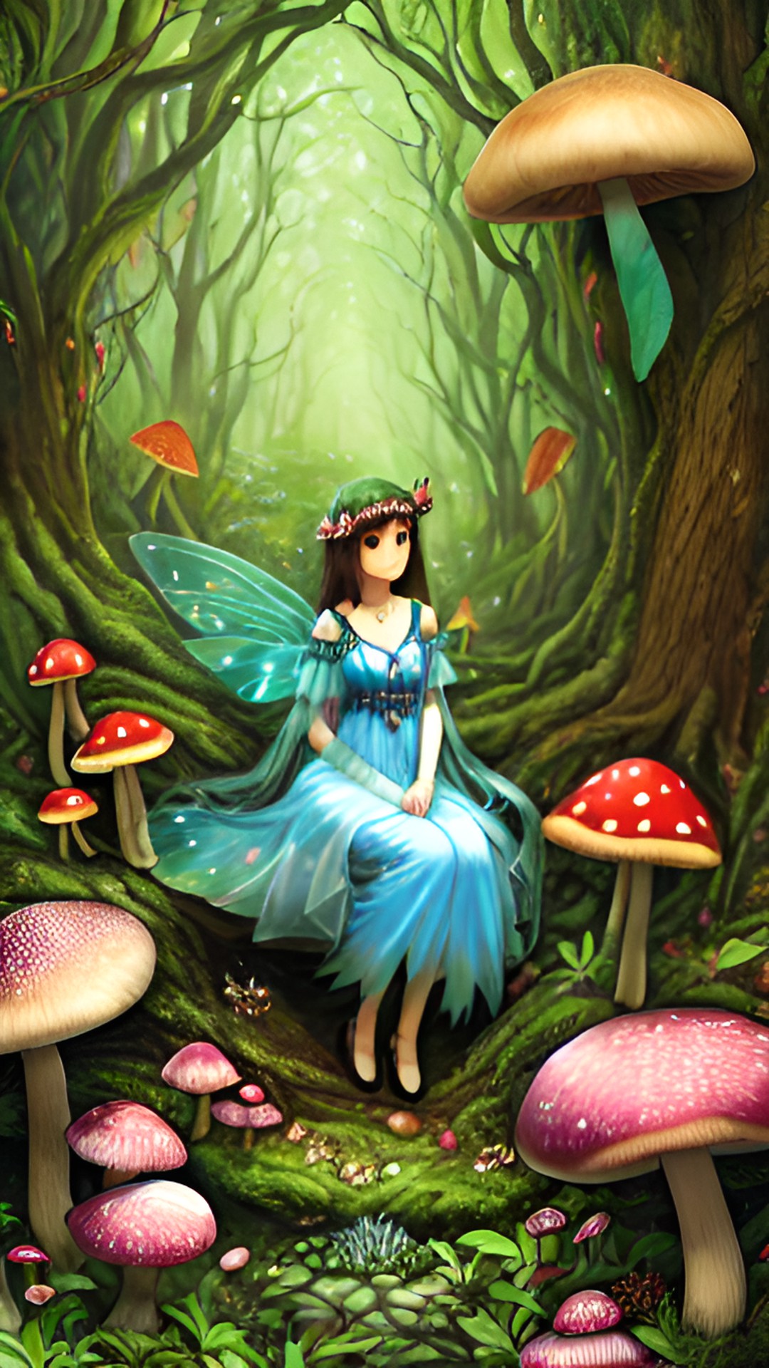 Peaceful Fairy - a mushroom fairy in a forest background. she has gossamer wings and is surrounded by mushrooms. she looks peaceful and serene. preview