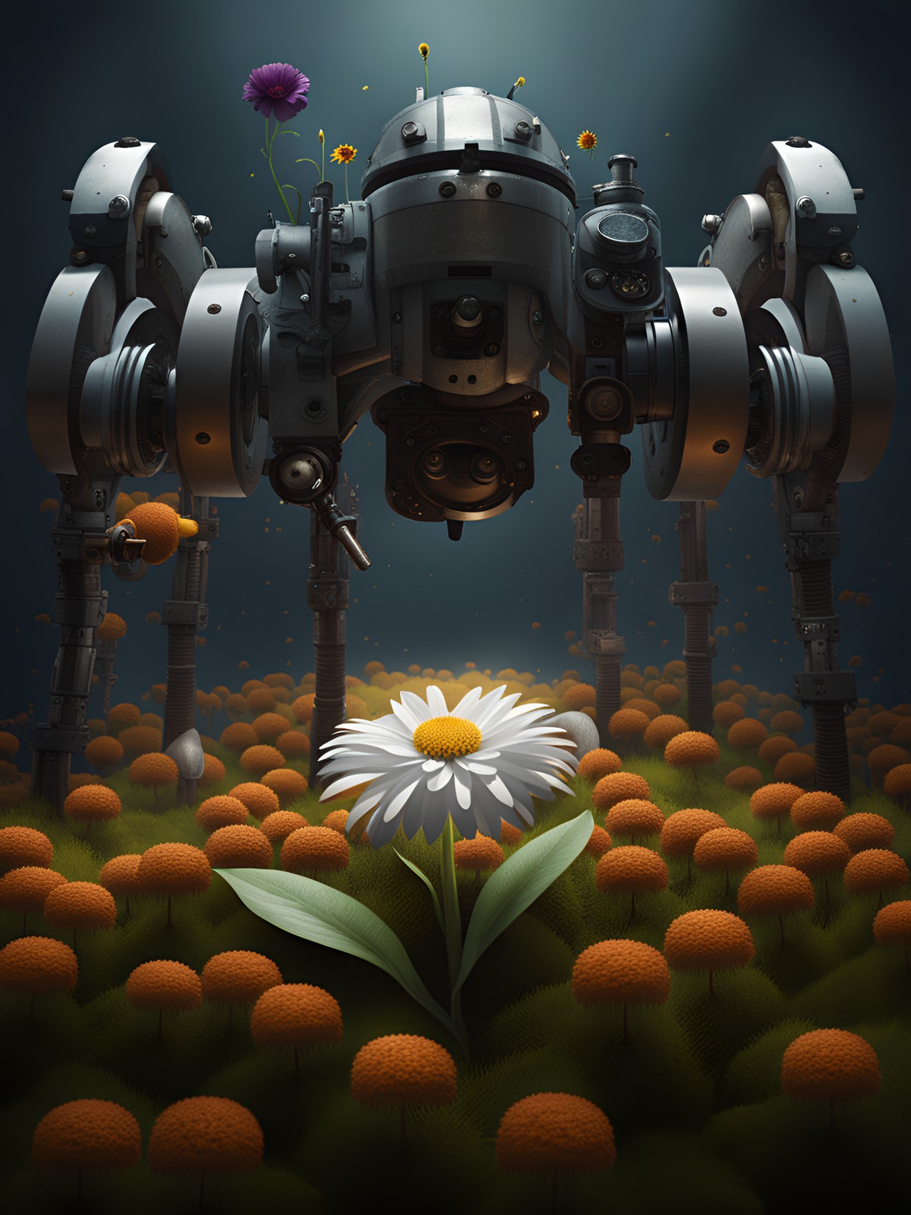 a world of machines taking care of the last flower. one single lonely solitary flower surrounded by a world of concerned machines. preview