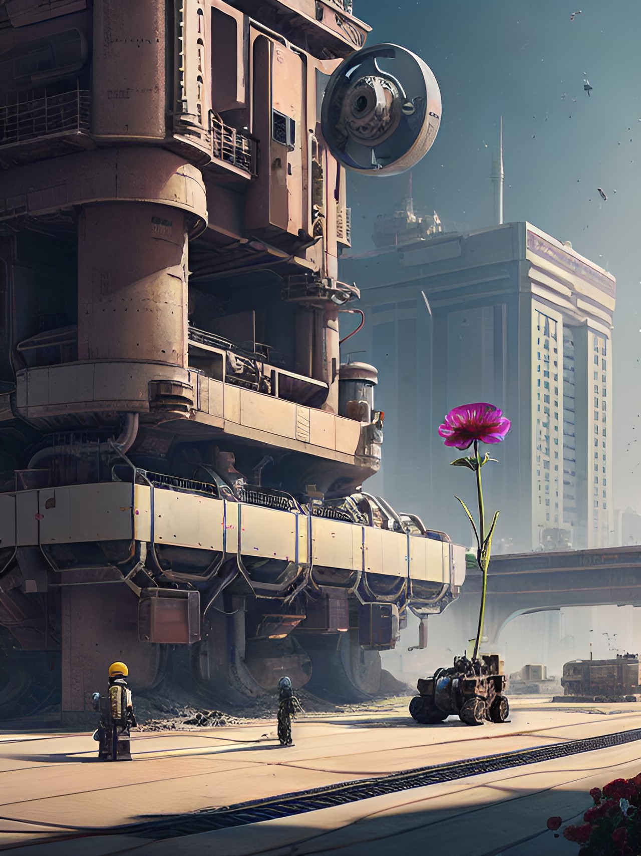 a world of machines taking care of the last flower. one single lonely solitary flower surrounded by a world of concerned machines. preview