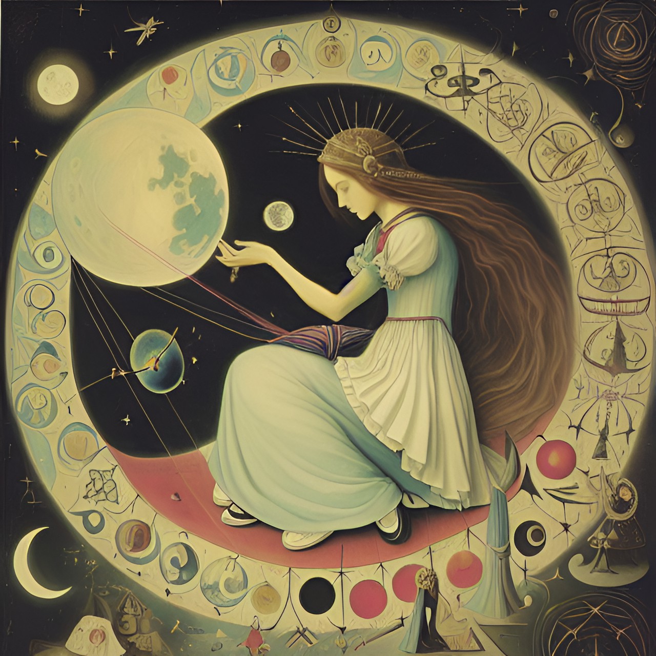 i cosmic consciousness, magic, mysticism, fairy tale, moon and sun, roots, infinity, the thread of the earth, a woman weaving threads, cotton, preview