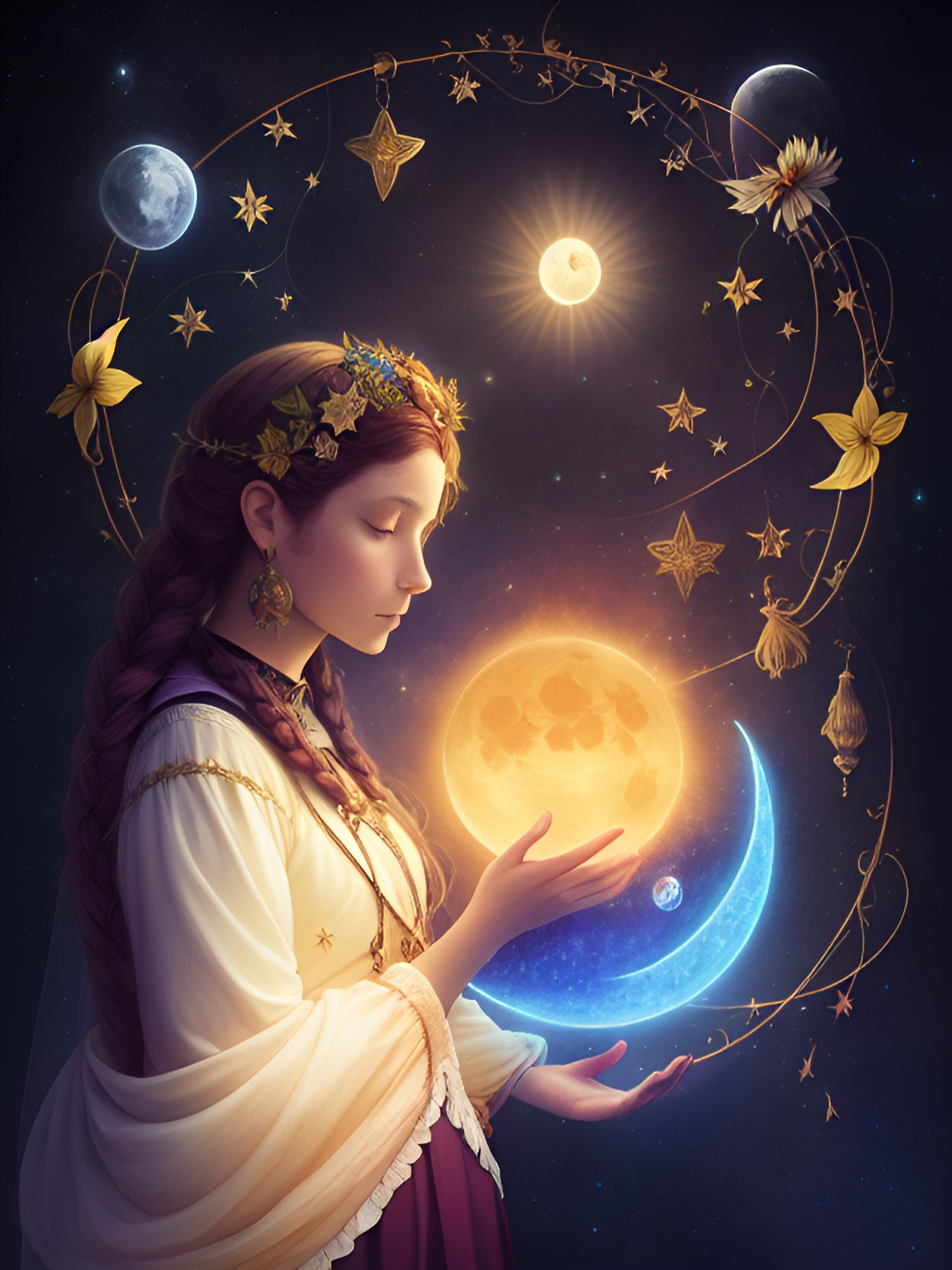 i cosmic consciousness, by amandine van ray, by eugene von guerard, magic, mysticism, fairy tale, moon and sun, roots, infinity, the thread of the earth, a woman weaving threads, cotton, preview