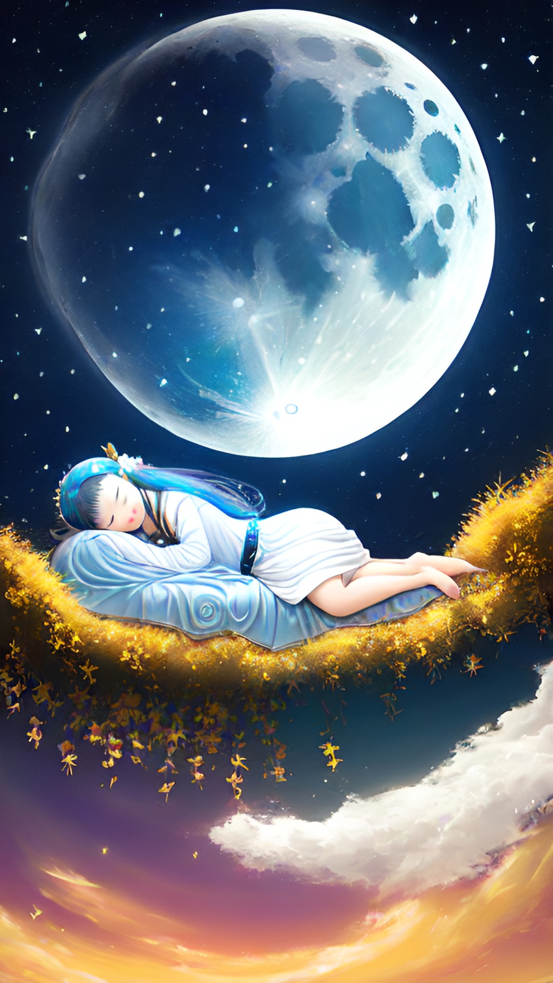 moon goddess sleeping on the glistening ocean with the shimmering moon above preview