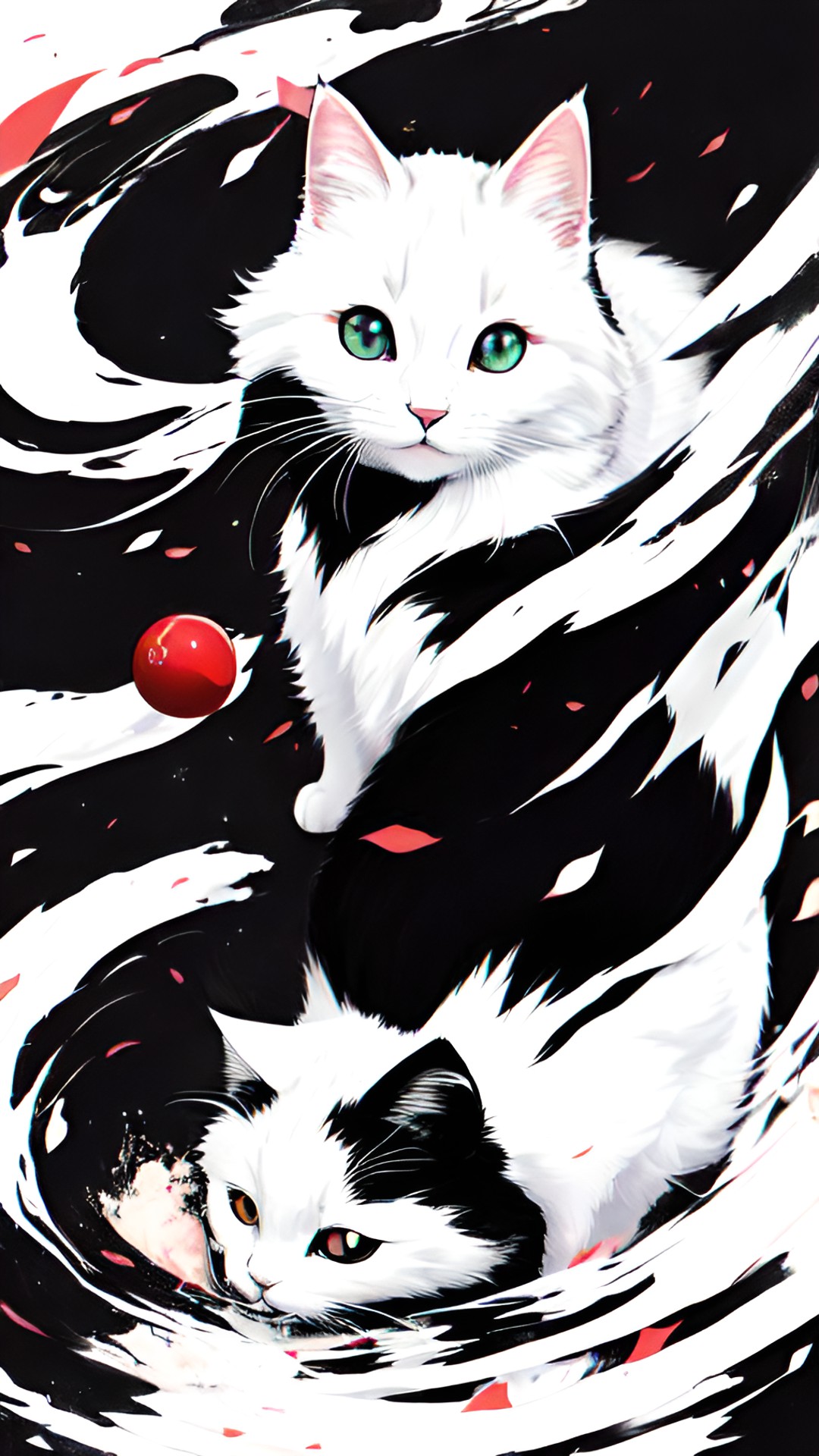 white and black kitty with a ying and yang wallpaper behind preview