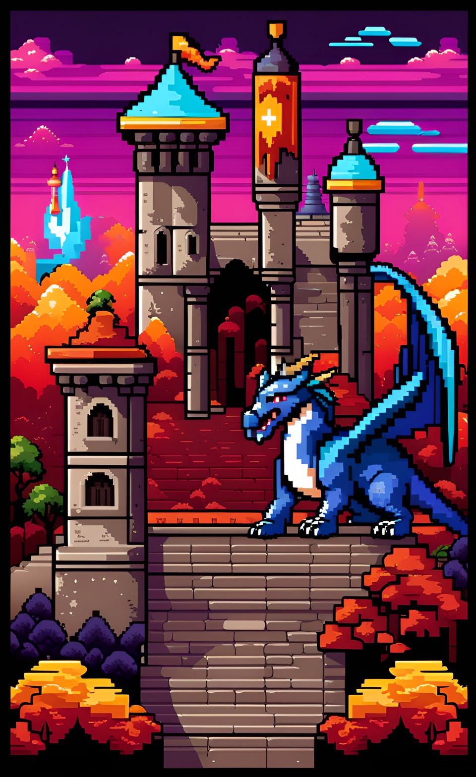 16-bit - pixel art inspired by 16-bit games, a knight battling a dragon in front of a castle, with retro arcade sounds and bright, fantastical colors. preview