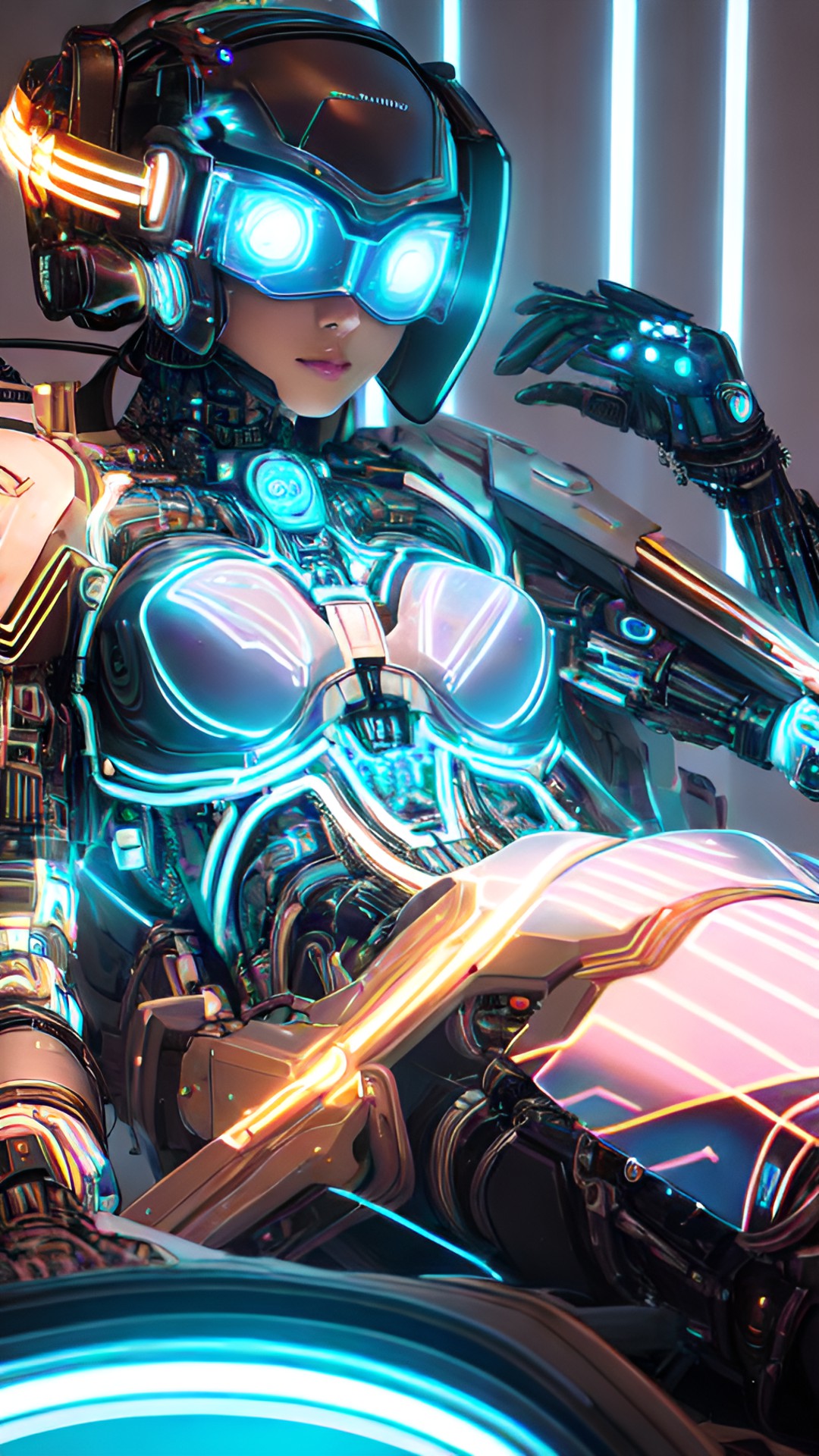 in the realm of cybernetic wonders, an enigmatic scene unfolds: the ethereal outline of a woman reclines upon a surface that hums with electromagnetic energy. her form, softly discernible, harmonizes with the glowing circuits that adorn her body, a living canvas of biomechanical artistry preview