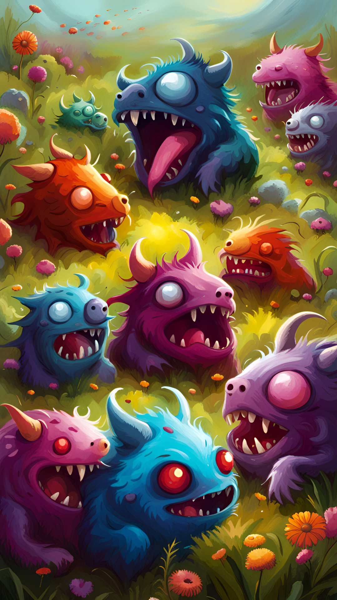 little pet monsters at play in a meadow preview