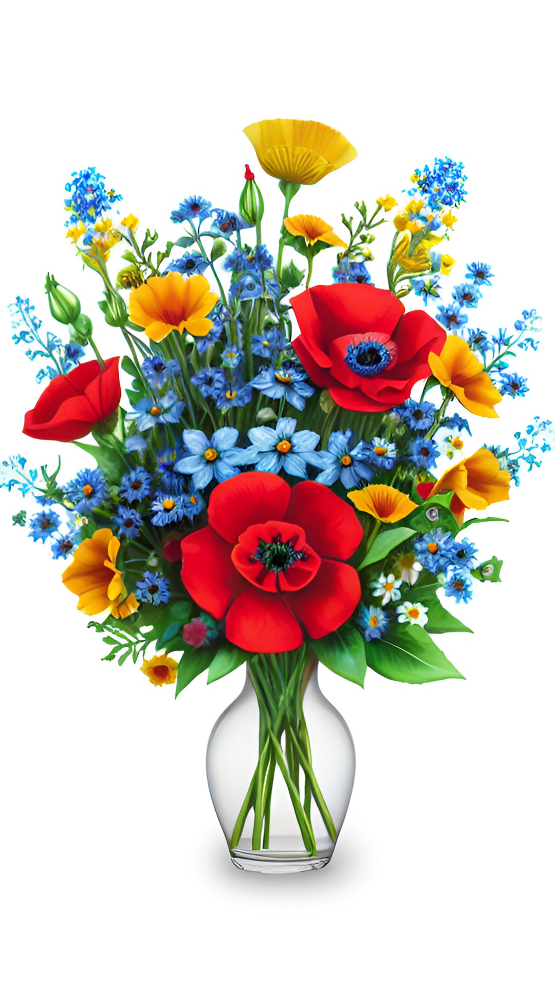 offering a lovely bouquet of summer flowers yellow sunflowers red poppy blue cornflower red roses light blue forget me not
highly detailed realistic preview