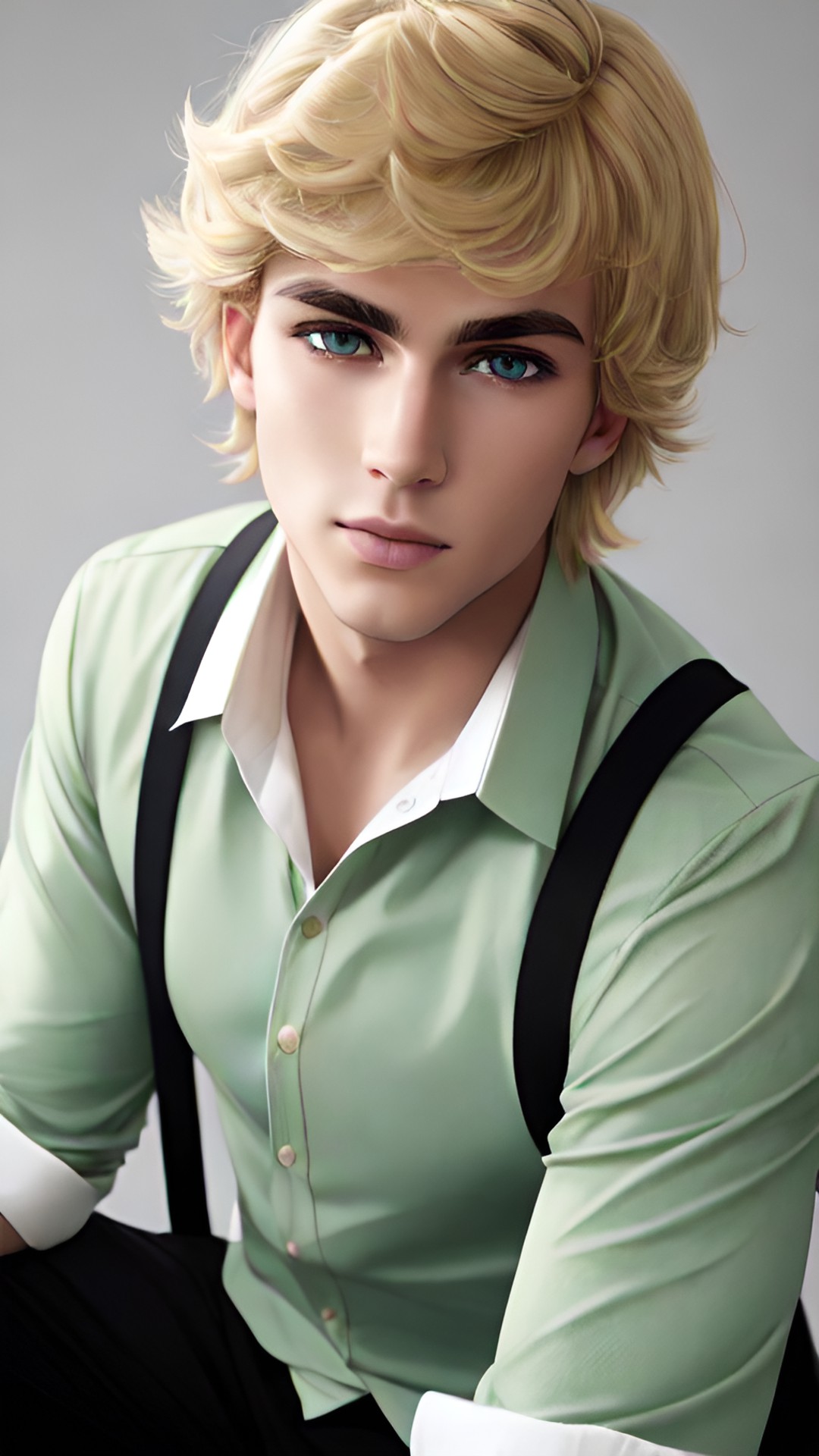 guy with blonde hair green eyes white shirt black trousers preview