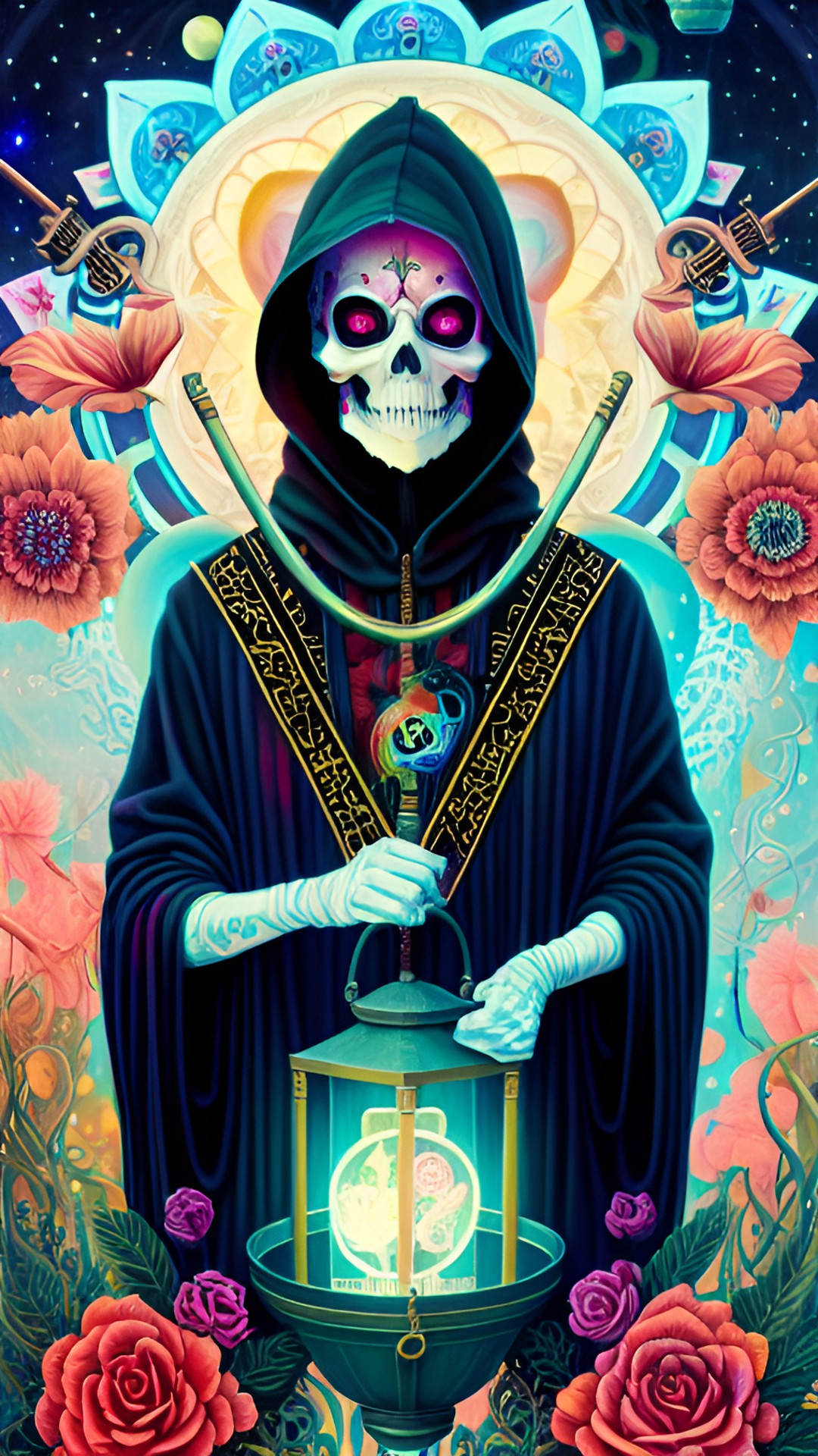 grim reaper holding a scythe and lantern. space dust and alchemy symbols in the background. preview