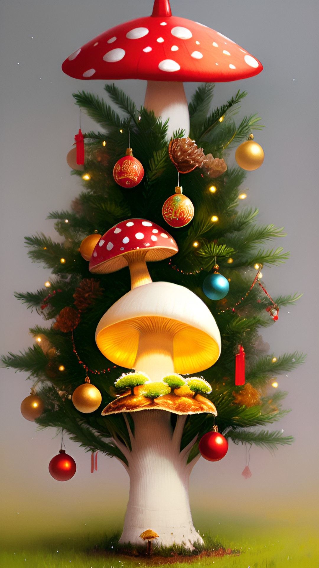 christmas tree with amanita mushroom ornaments preview