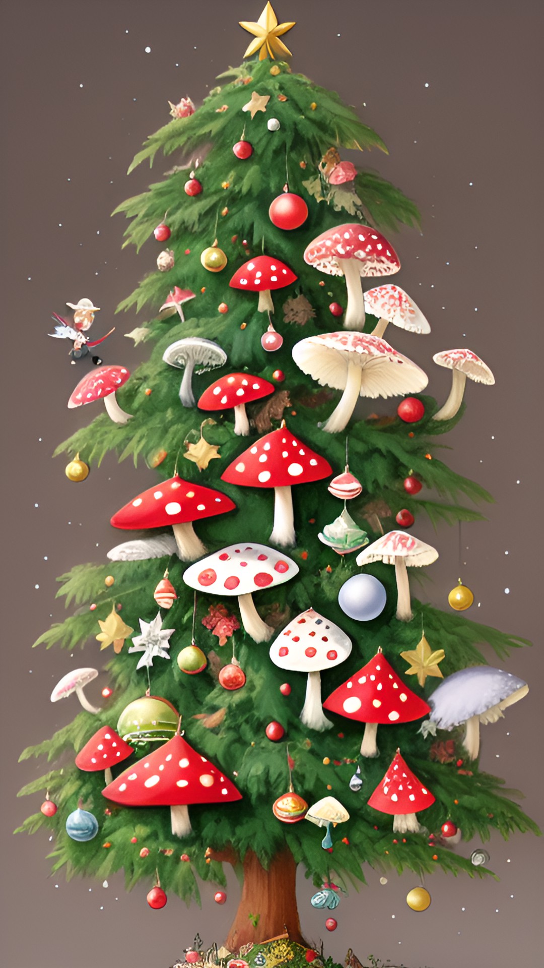 fairy christmas tree with amanita mushroom ornaments preview