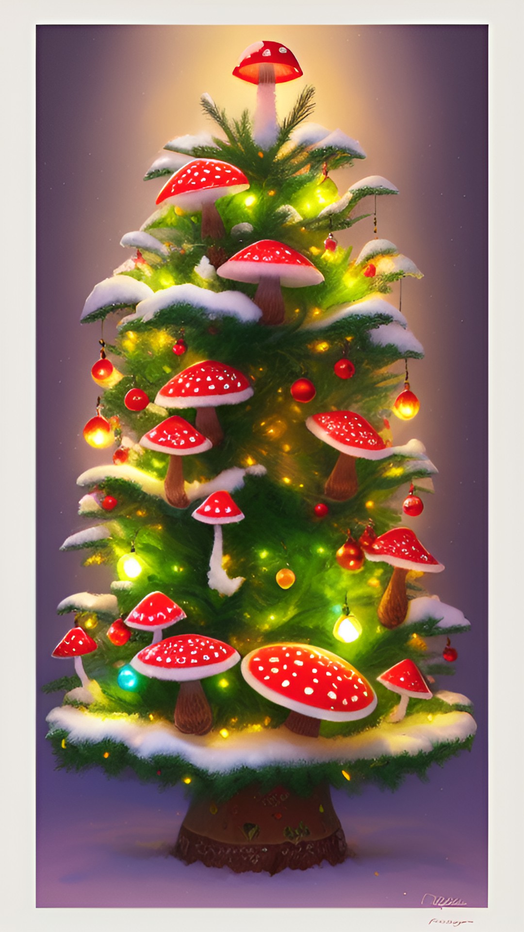 christmas tree with amanita mushroom ornaments preview