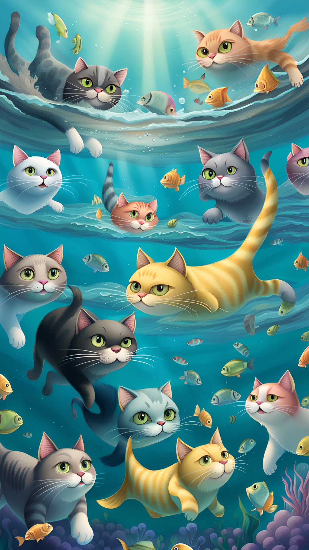 cats swimming with fish in an underwater parade preview