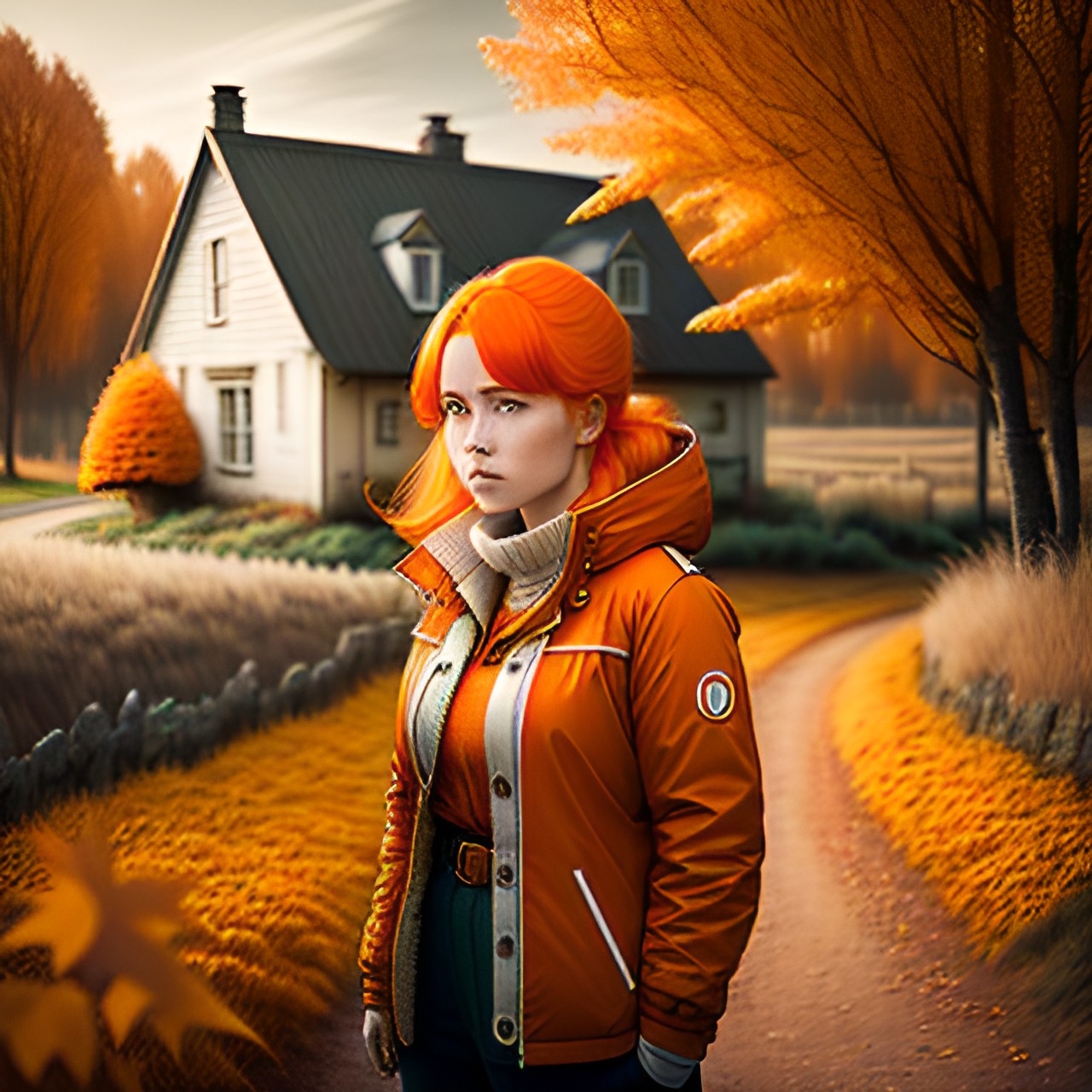 a woman with light orange hair and silver eyes wearing a jacket standing outside a house in the countryside in the fall, highly detailed preview