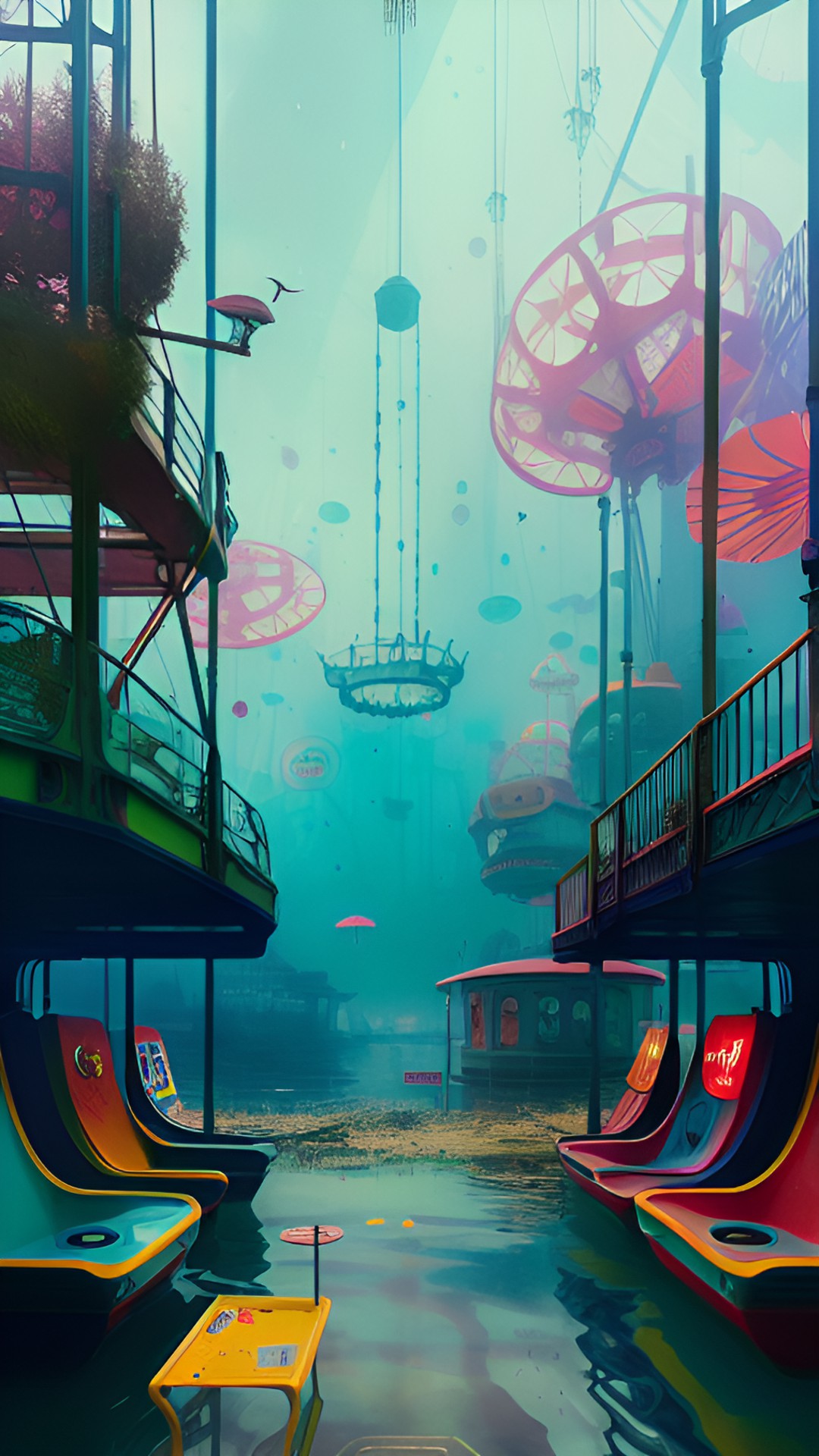 submerged underwater carnival park, with abandoned rides and games. the colors are muted and there is a feeling of eeriness and abandonment. preview