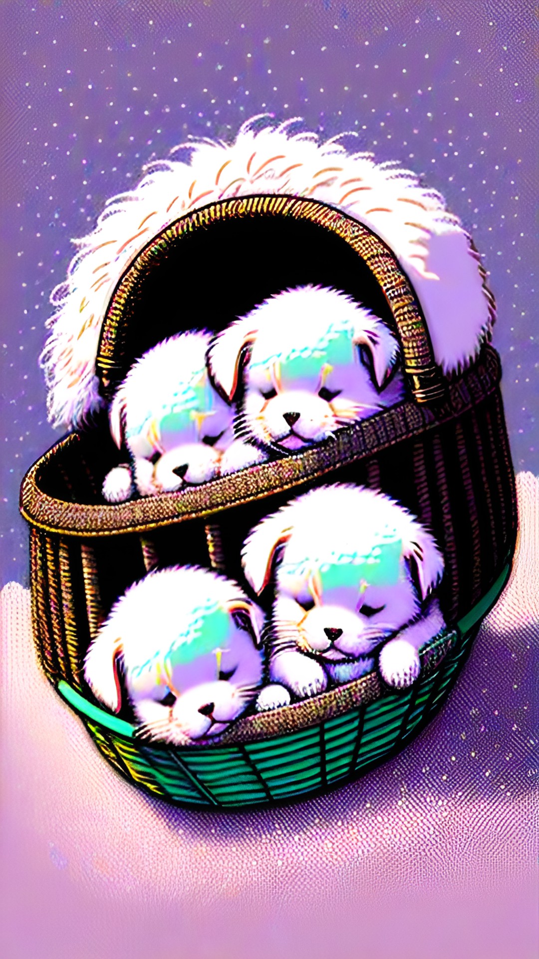 tiny white fluffy puppies sleeping inside a wicker basket preview