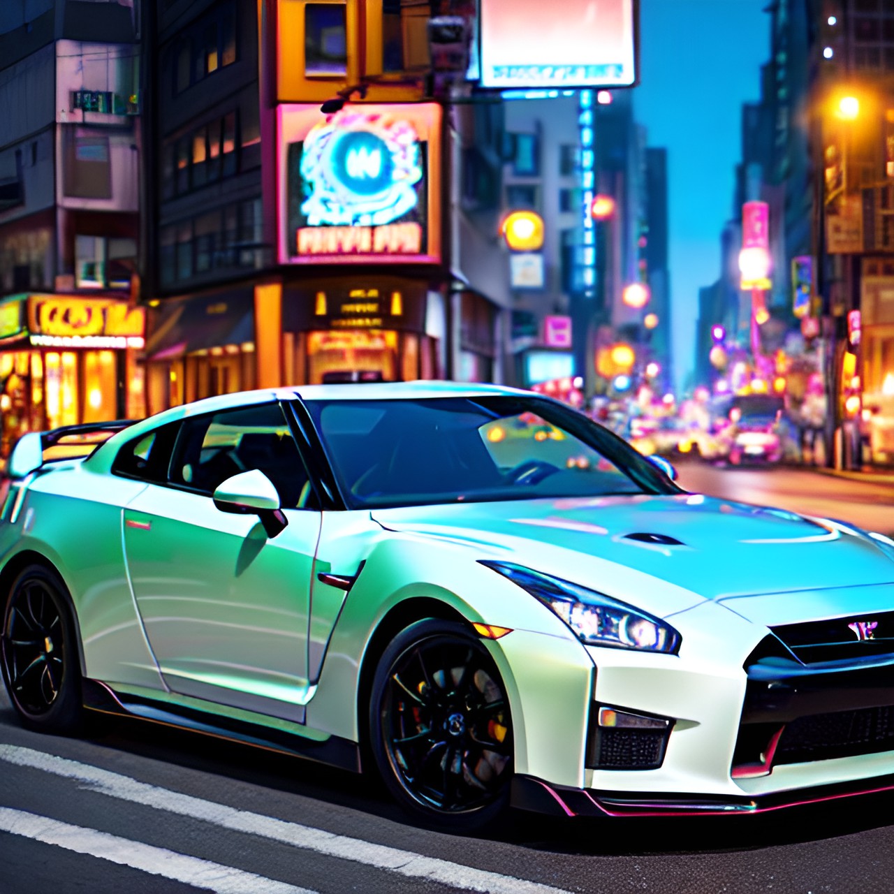 gtr in the street of city, night, glowing, spot light preview