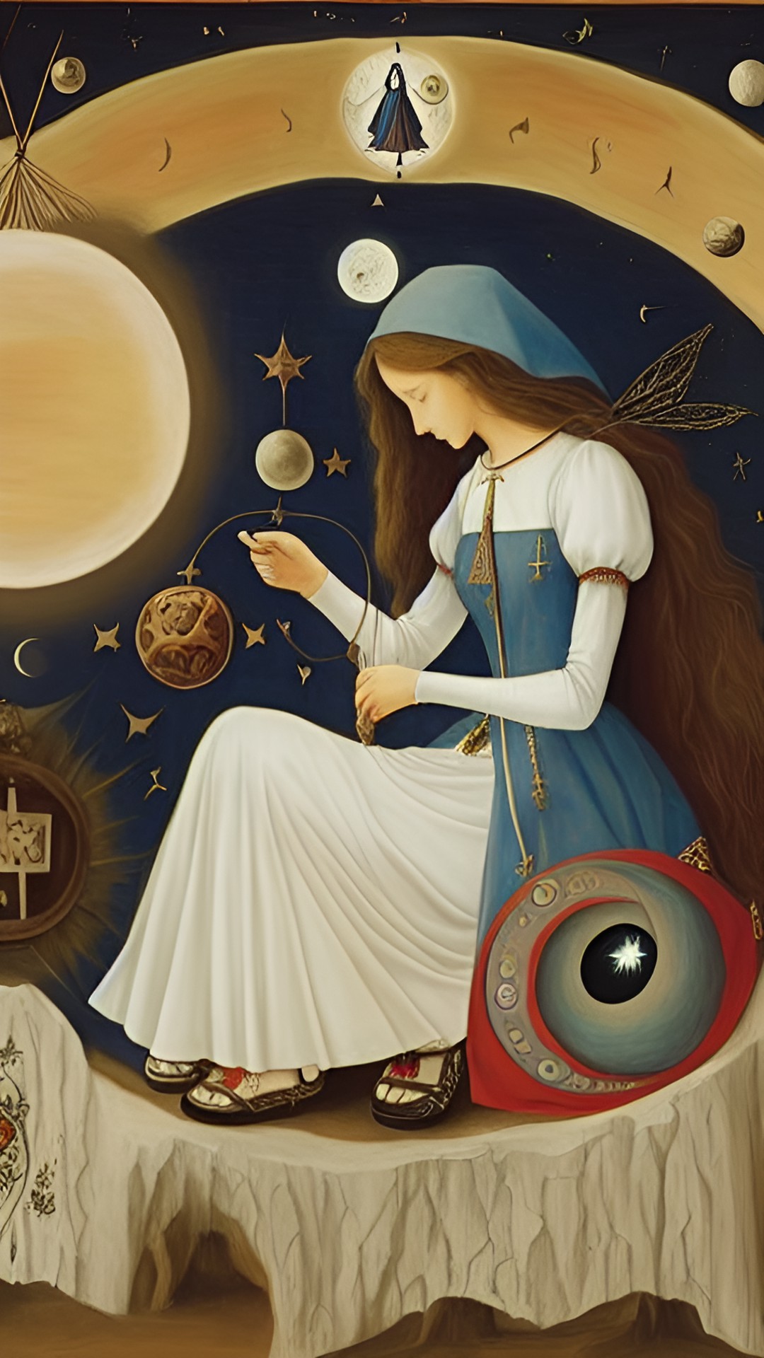 magic, mysticism, fairy tale, moon and sun, roots, infinity, the thread of the earth, a woman weaving threads, cotton, preview