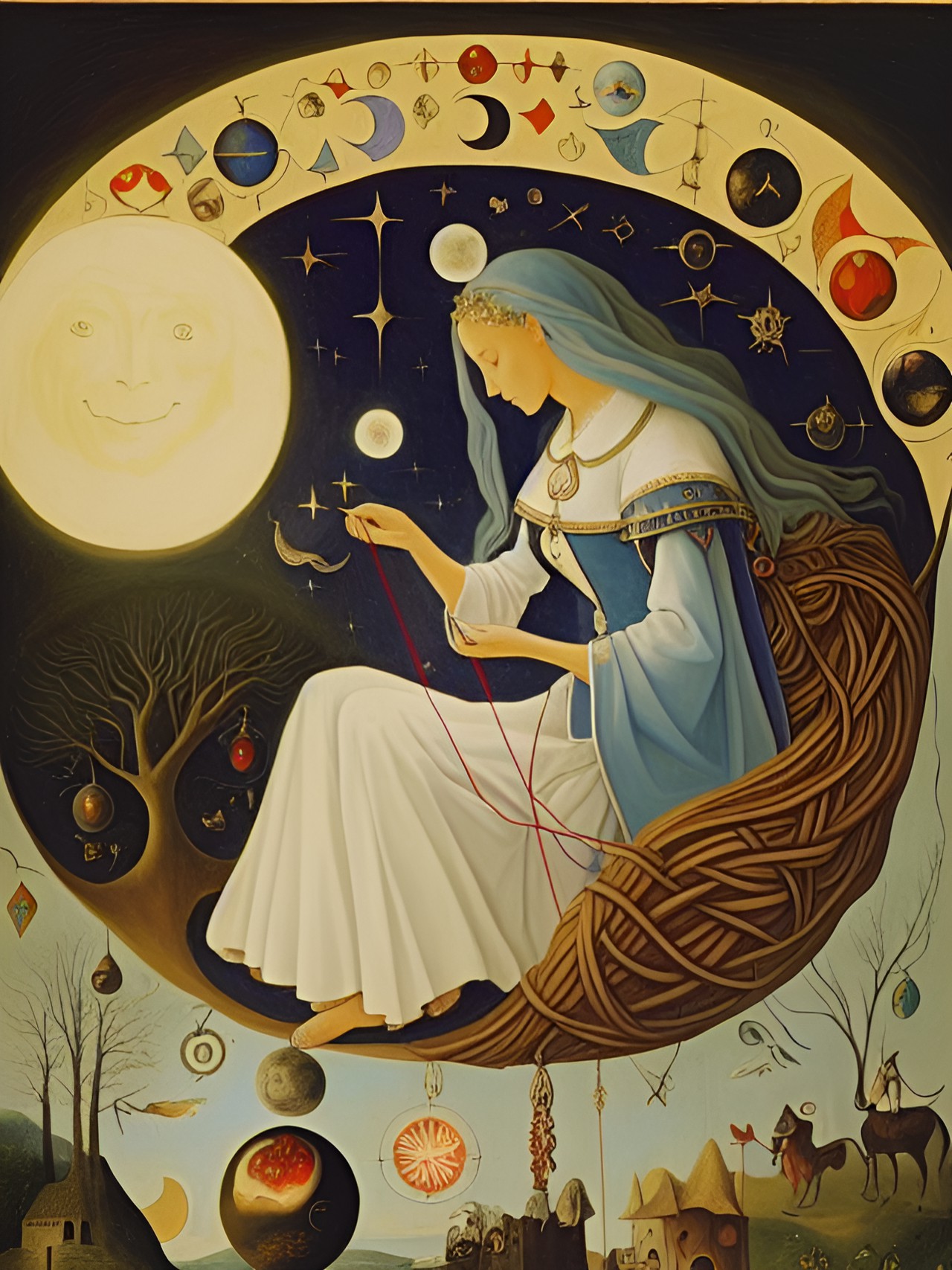 magic, mysticism, fairy tale, moon and sun, roots, infinity, the thread of the earth, a woman weaving threads, cotton, preview