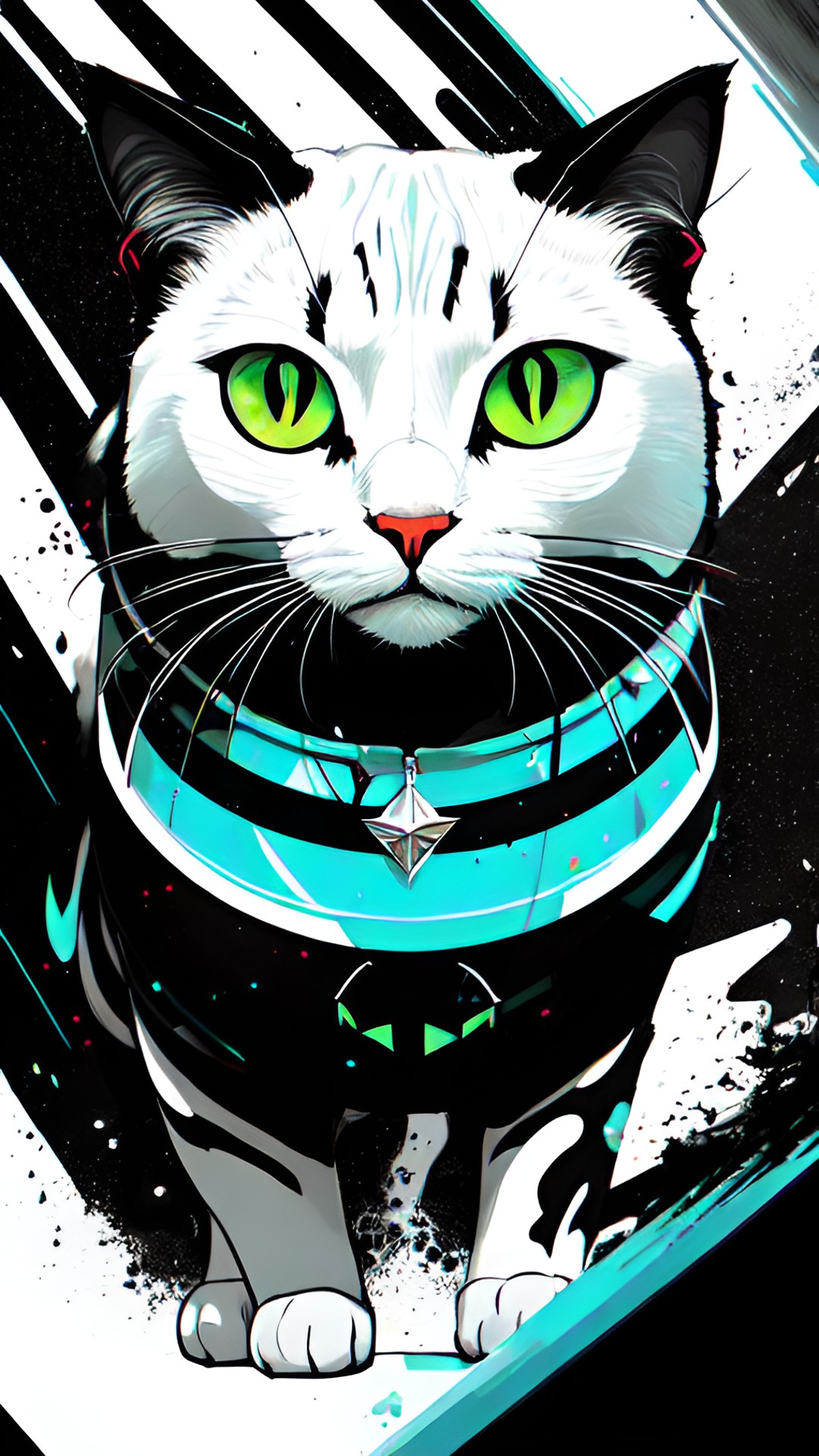 a cat that is black and white with green eyes preview