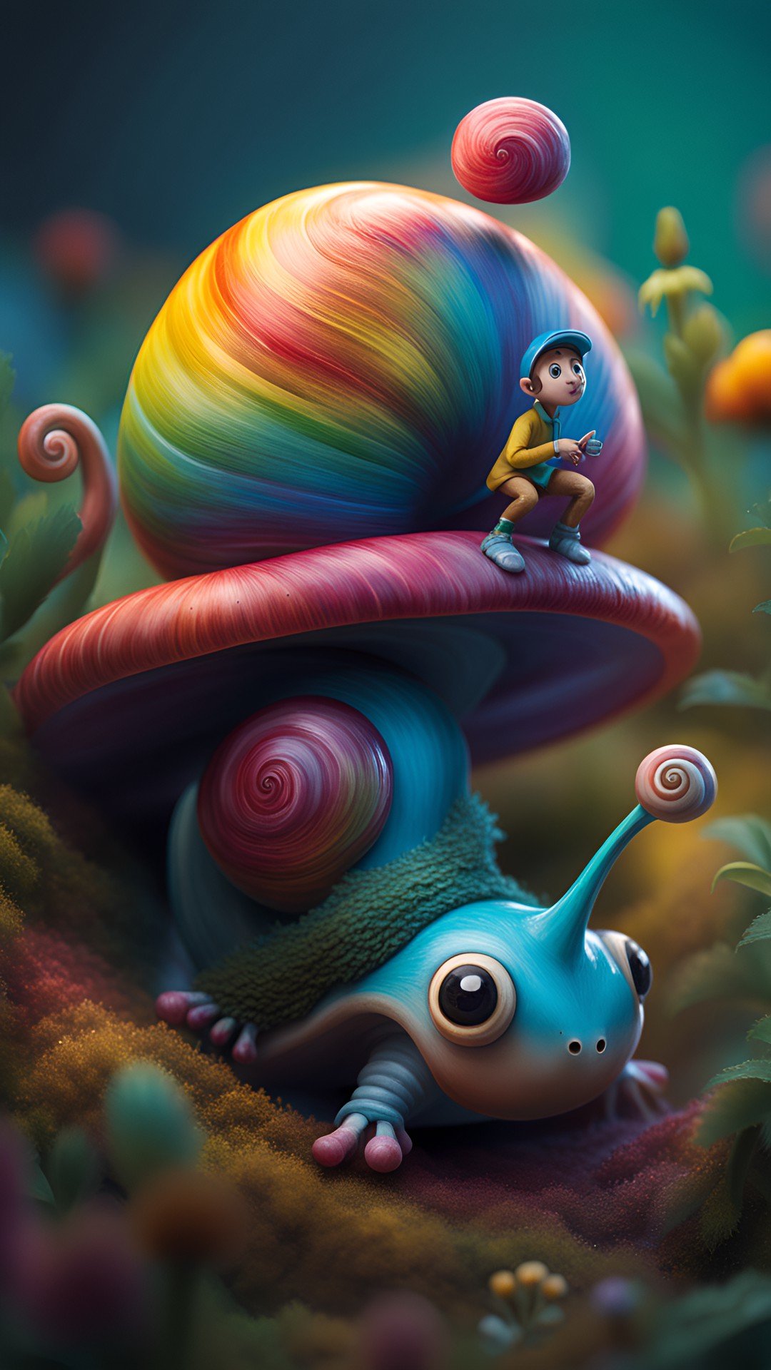 a rootless rides on a colorful snail preview