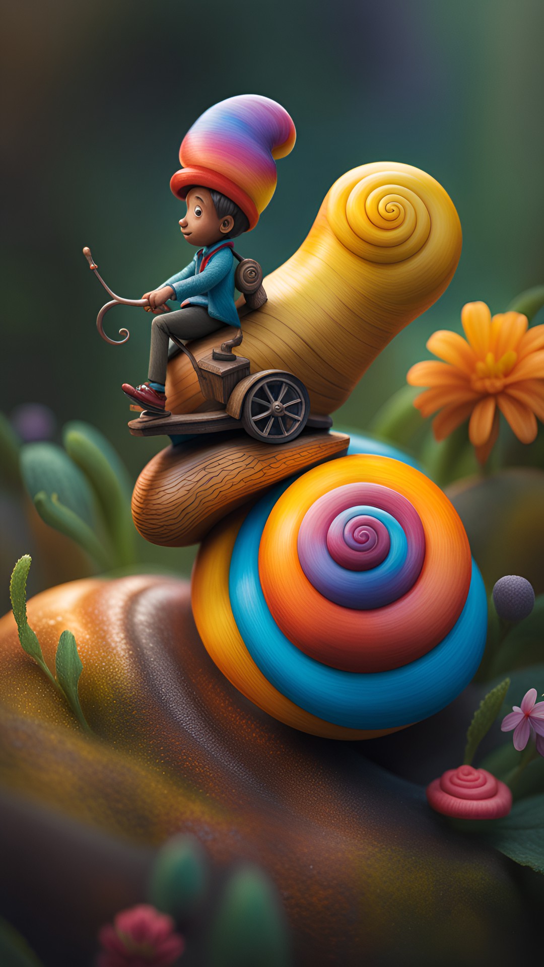 a rootless rides on a colorful snail preview