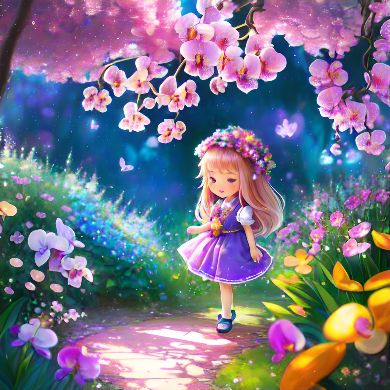 little orchid, cute, cartoon style, kawaii, happy, light background, shiny, pastel pallet, 3d render, hd, high detail, flowers, sunbeams, summer, fairy garden, magic vibe, blur background preview