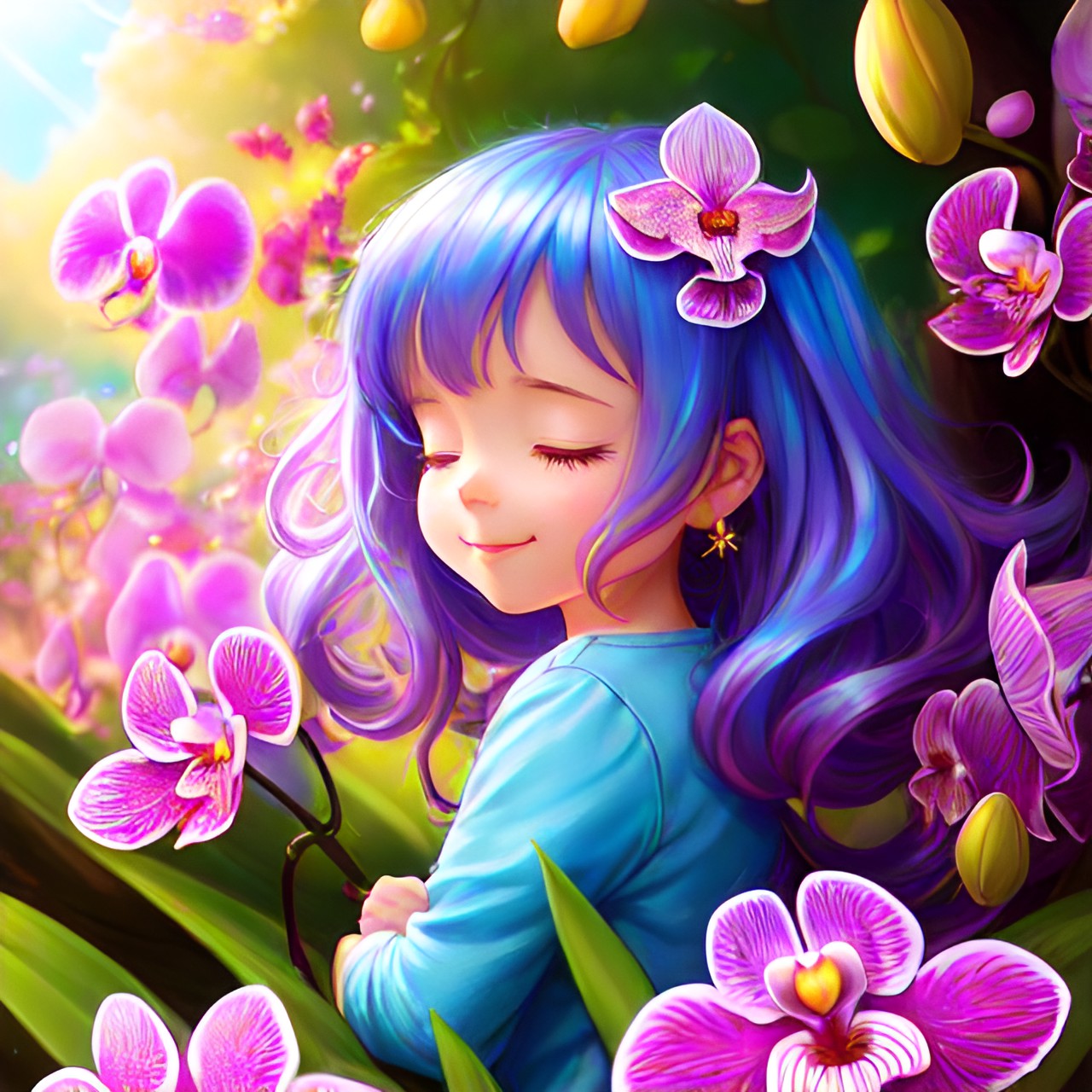 little orchid, cute, cartoon style, kawaii, happy, light background, shiny, pastel pallet, 3d render, hd, high detail, flowers, sunbeams, summer, fairy garden, magic vibe, blur background preview