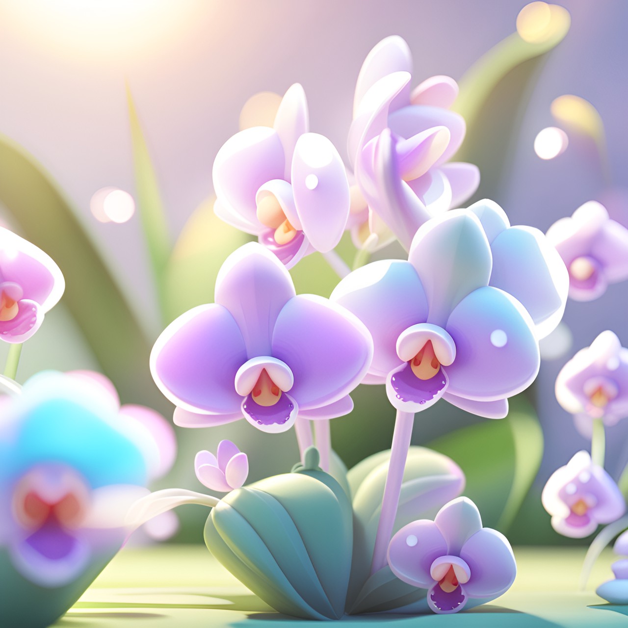 little orchid, cute, cartoon style, kawaii, happy, light background, shiny, pastel pallet, 3d render, hd, high detail, flowers, sunbeams, summer, fairy garden, magic vibe, blur background preview