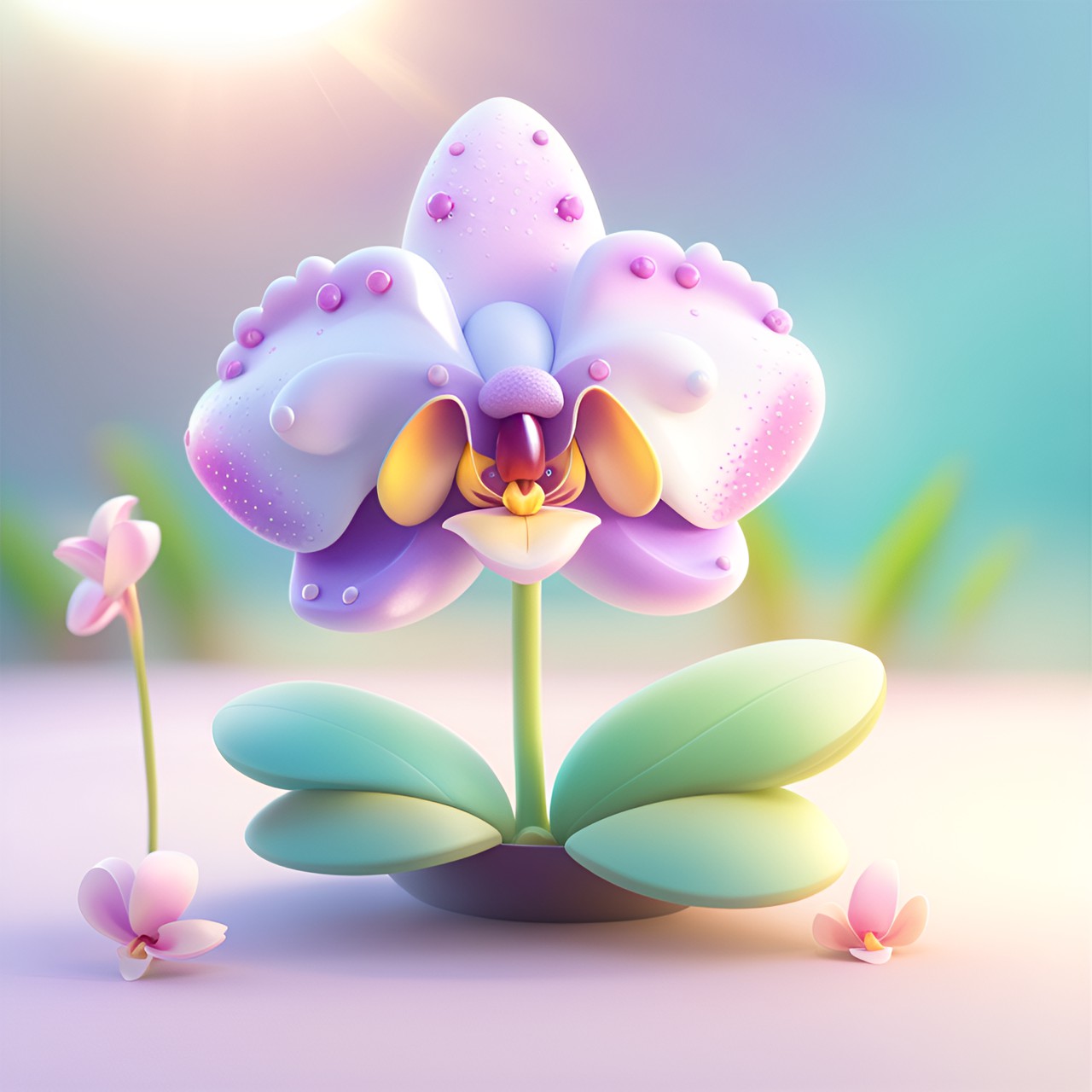 little orchid, cute, cartoon style, kawaii, happy, light background, shiny, pastel pallet, 3d render, hd, high detail, flowers, sunbeams, summer, fairy garden, magic vibe, blur background preview