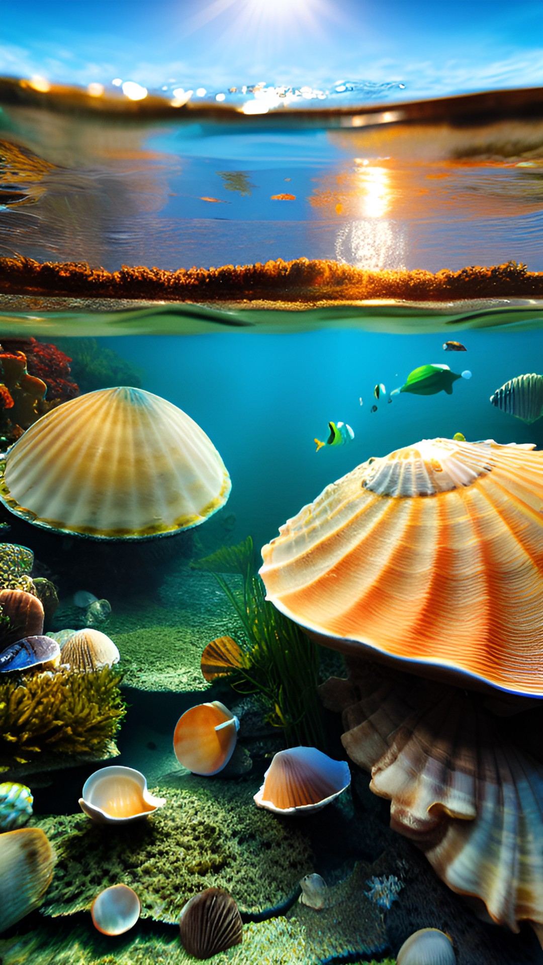 fishpond realistic - underwater of the surface of a pond with seashells on the ground
highly detailed realistic preview