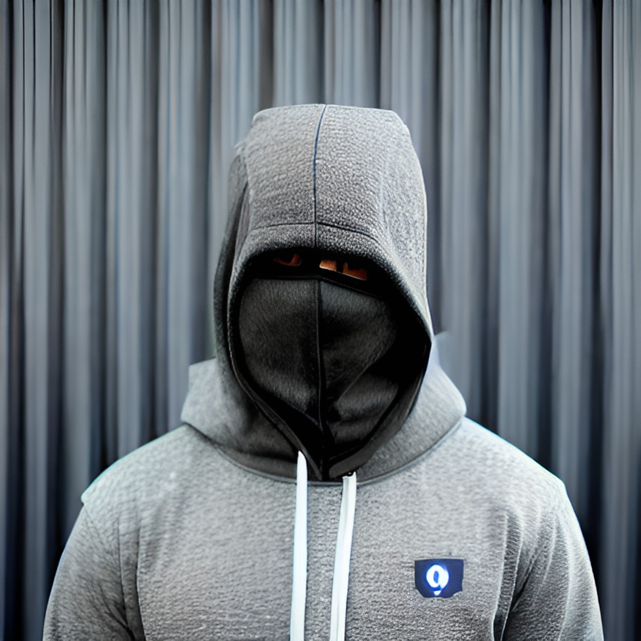 hooded man wearing a ski mask and a jumper the has the letters o t k on them and a very small one story light gray house in the background  - the hooded man stands outside the small, gray house, with a knife preview