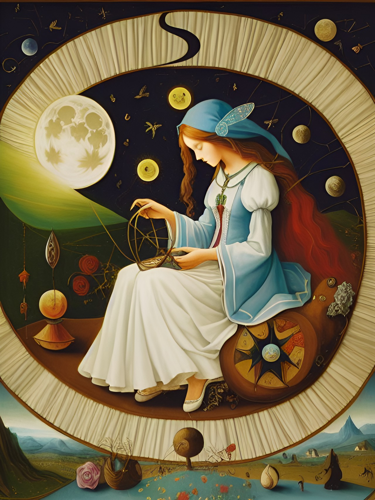 magic, mysticism, fairy tale, moon and sun, roots, infinity, the thread of the earth, a woman weaving threads, cotton, flowers preview