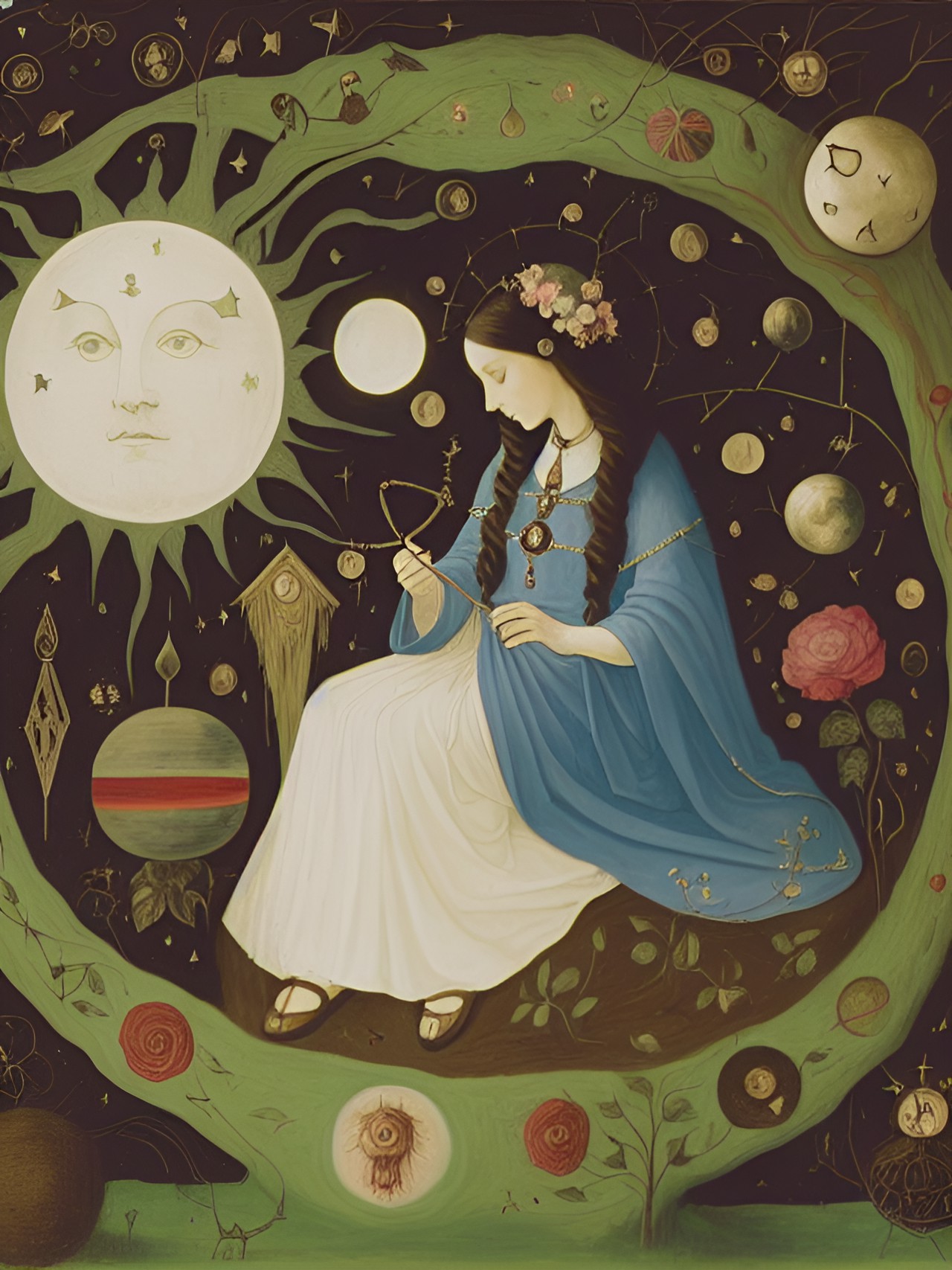 magic, mysticism, a fairy tale, the moon and the sun, roots, infinity, the thread of the earth, a woman weaves threads, threads from a ball of wood, cotton, flowers, high hair grows into roots - a wom preview