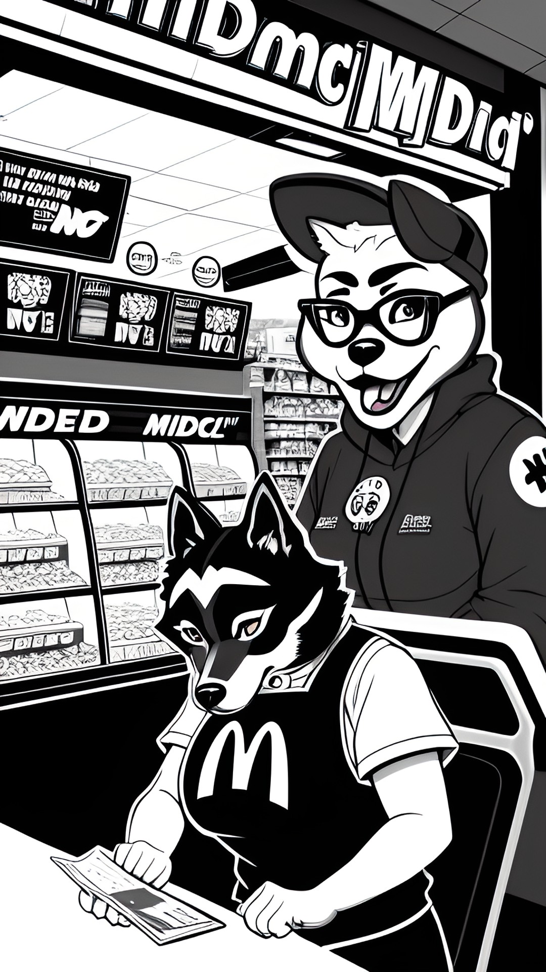 draw a dog woman ordering food from mcdonalds in a dc comic art style, with dramatic lighting angles and lots of shadows preview