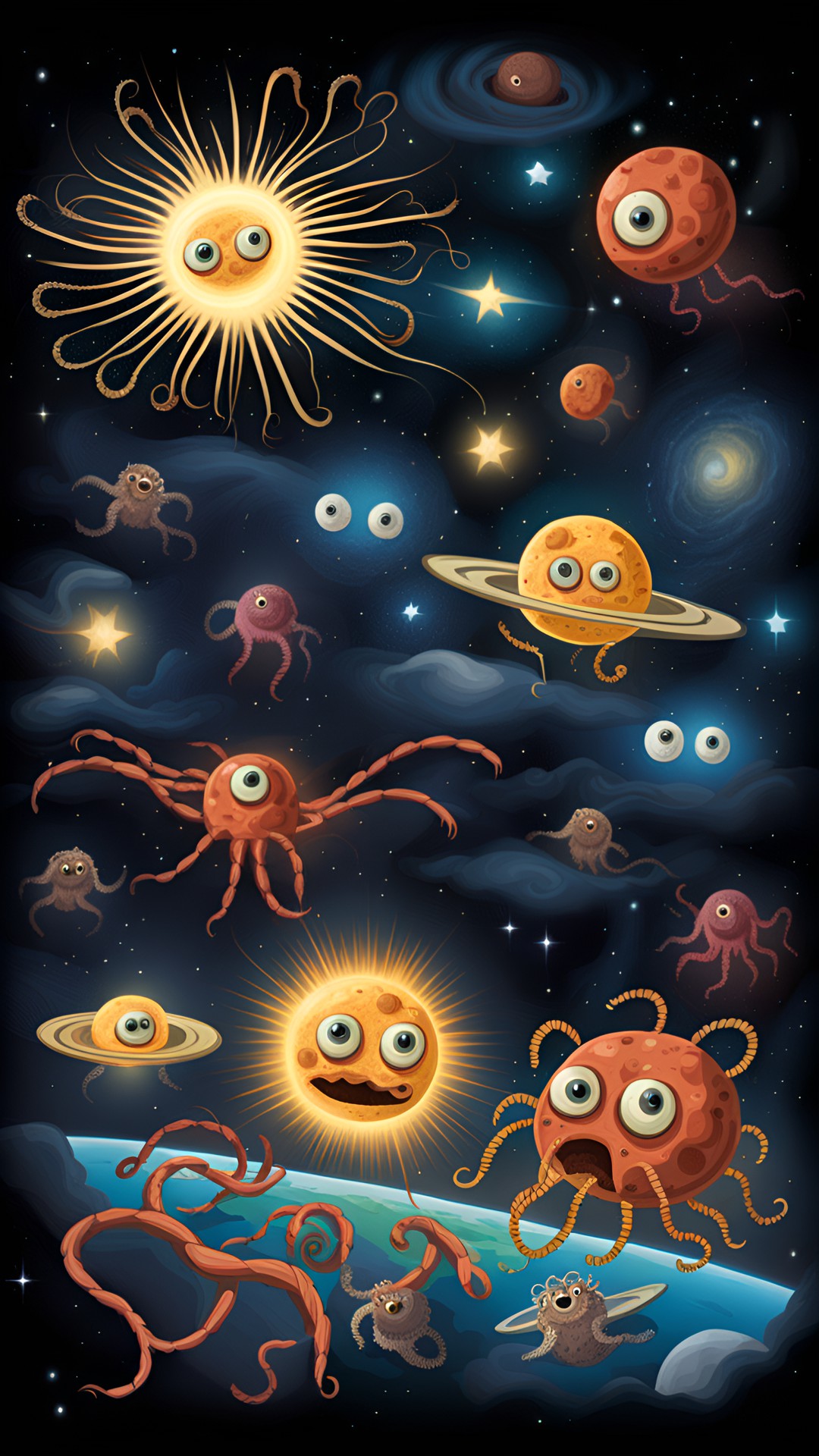 Spaghetti - flying spaghetti monster in space, eyes, meatballs, lightning, earth, mars, saturn, venus, stars, glowing, bright, dark preview