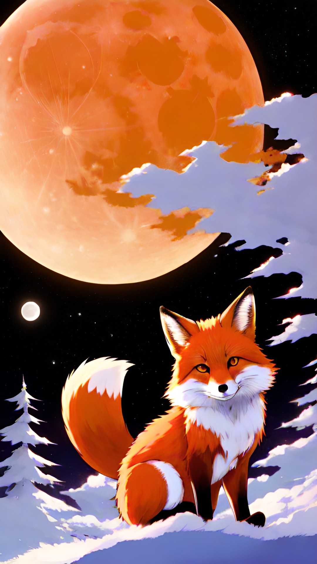 fox - a red fox with his tail curled around his feet, looking up at the moon. preview