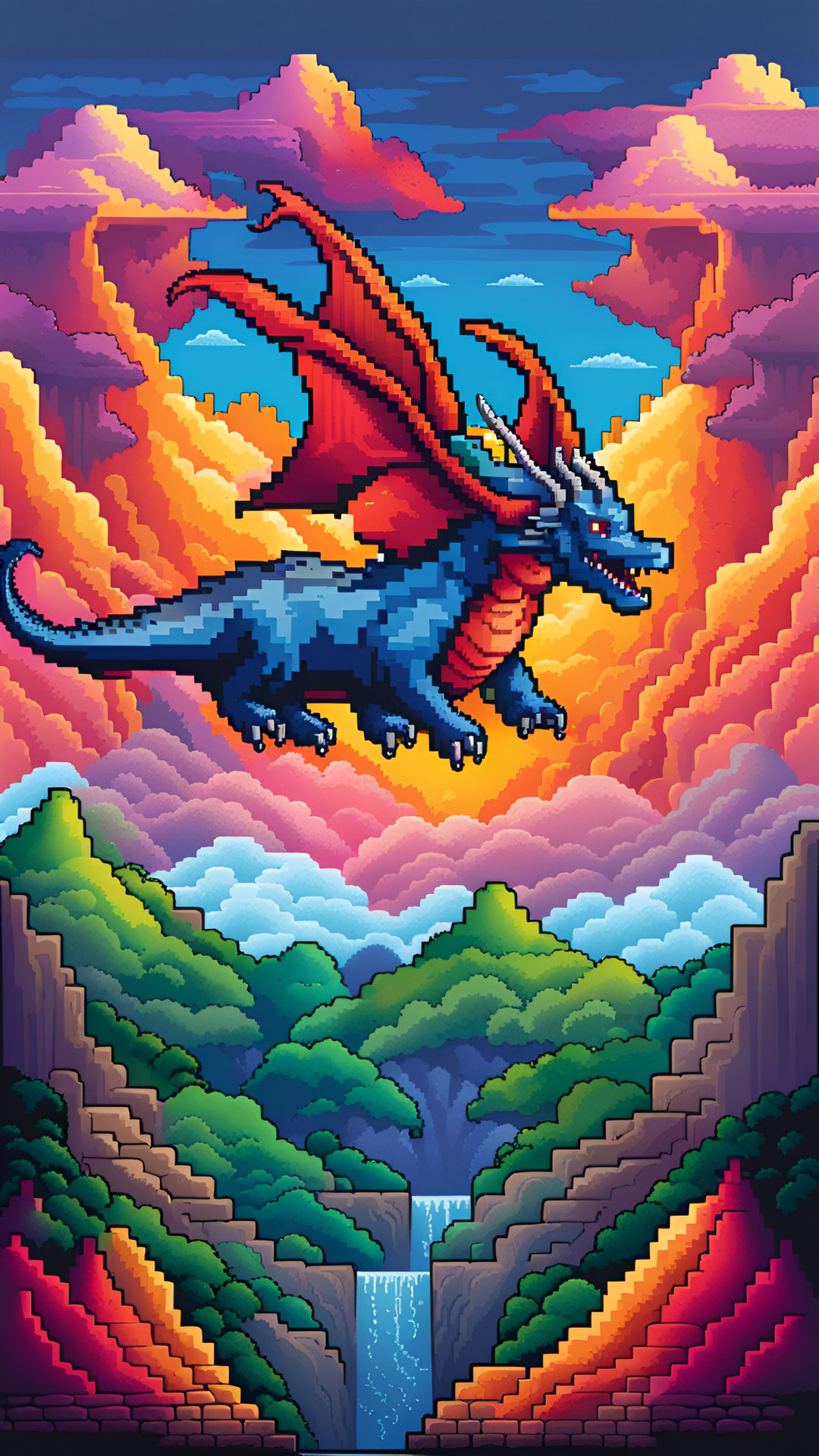 pixel art inspired by 16-bit games, a dragon fliying through the skies , fantastical colors. preview