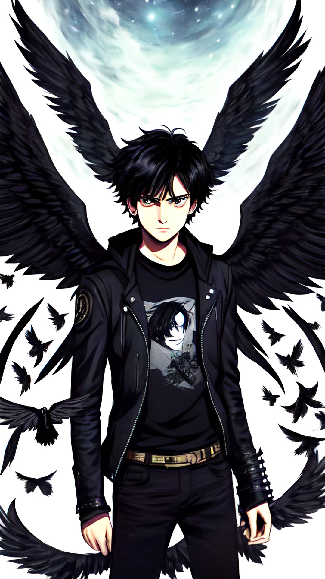 Nico Di Angelo - nico di angelo  - nico di angelo, son of hades, looking pensive with his black wings spread out behind him. preview