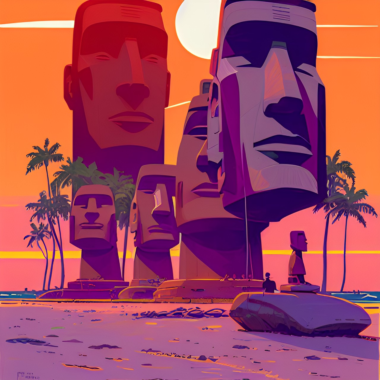 The Endless Sunmer - moai statues facing the sunset on tropical jungle beach preview