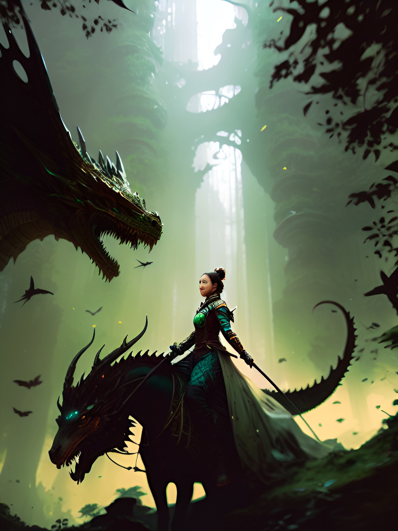 Fantasy Interlude - woman riding dragon on forest ruins preview